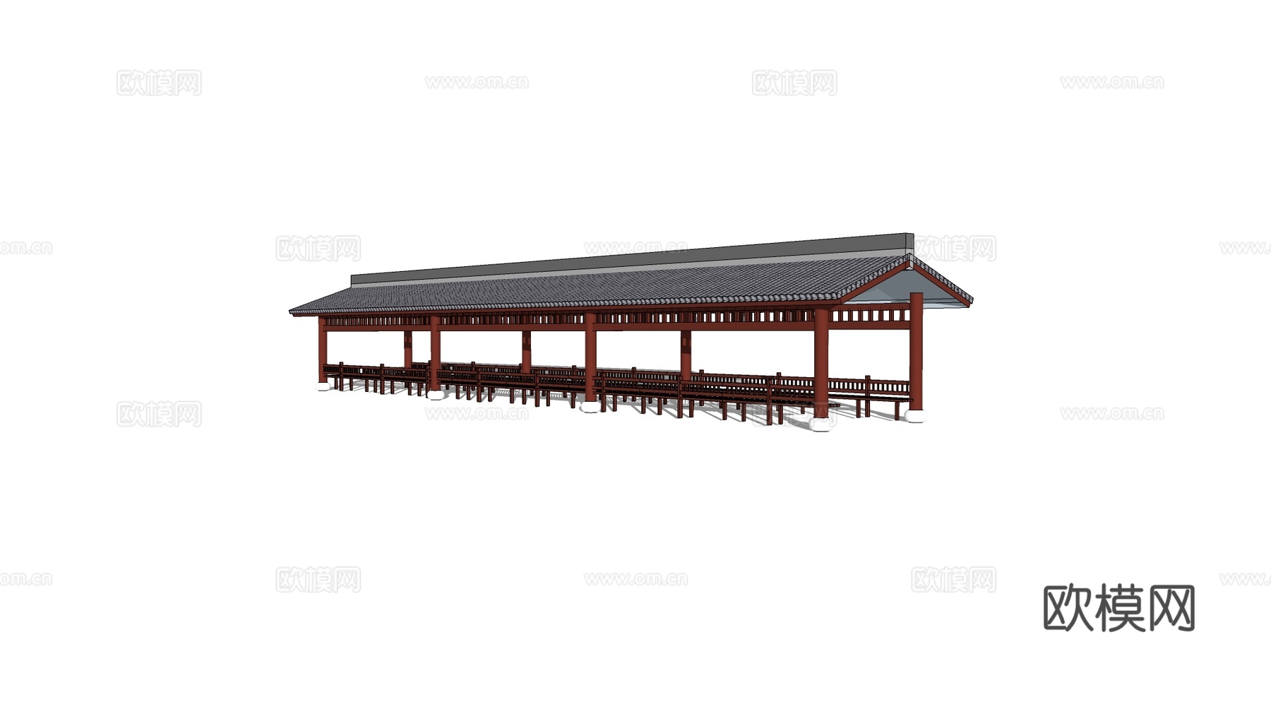 中式长廊 园林连廊 仿古风雨廊 坡屋顶灰瓦长廊 深棕廊柱与美su模型