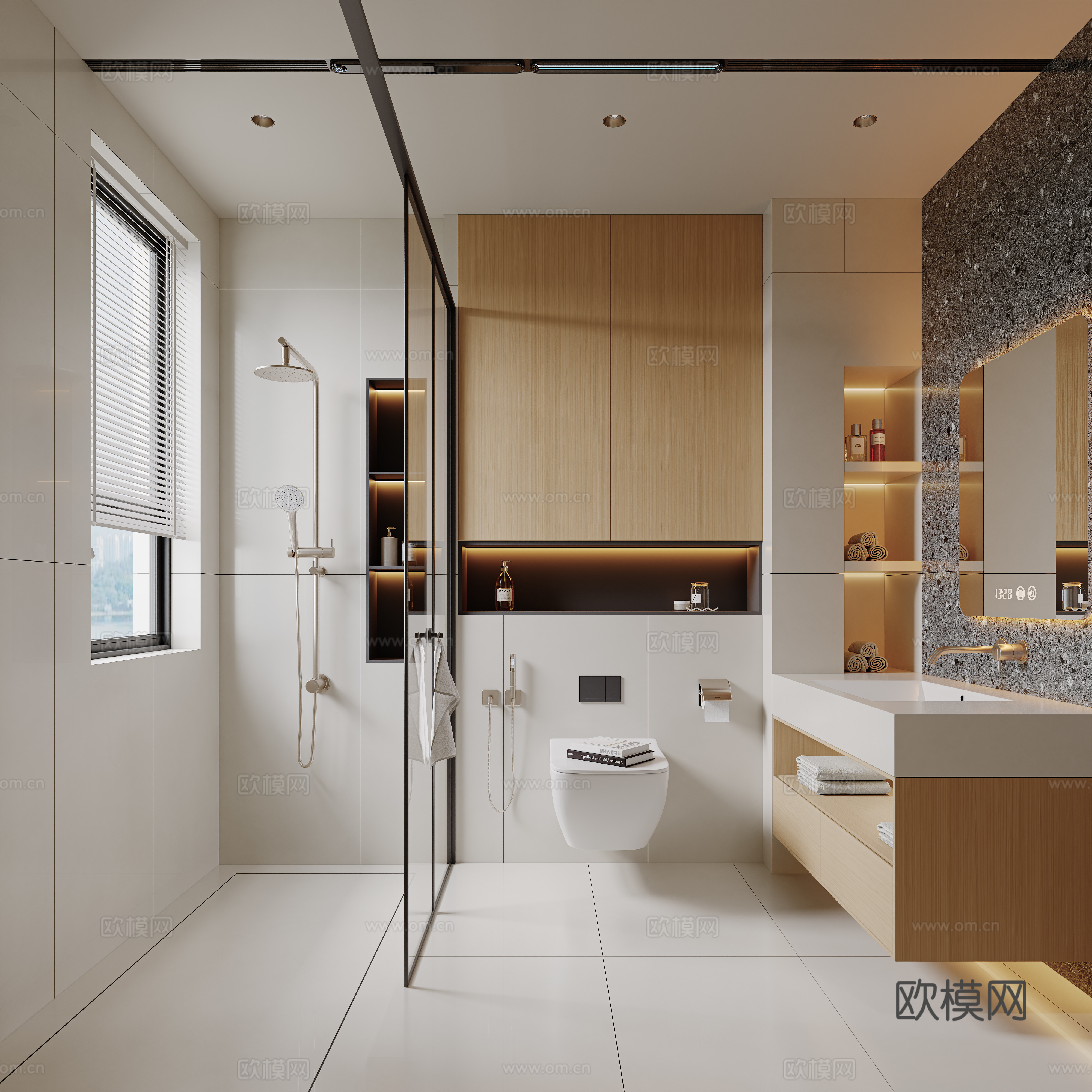 现代卫生间 干湿分离卫生间 淋浴花洒 洗手盆 浴室柜 马桶su模型