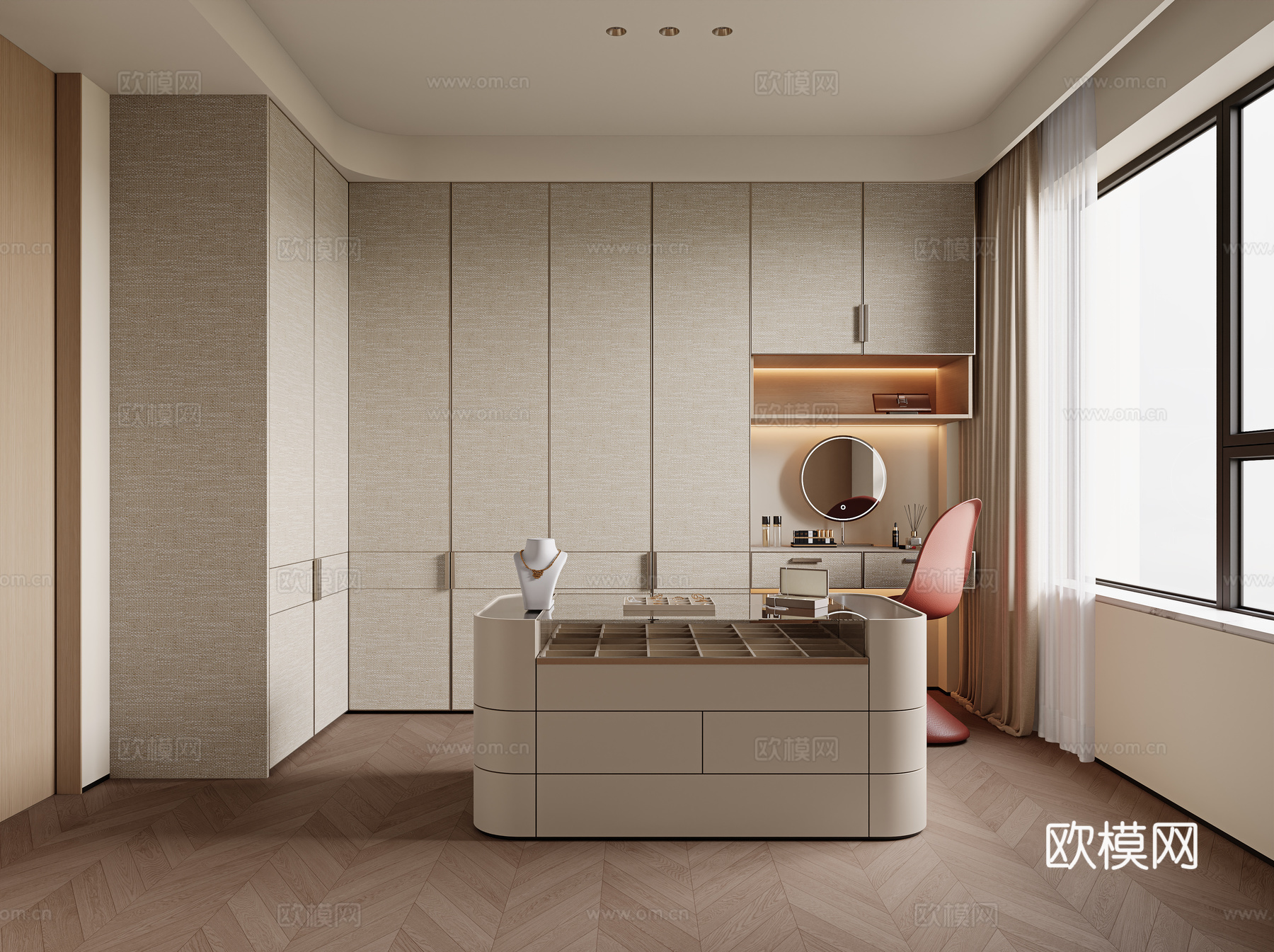 意式现代衣帽间 定制衣柜 衣帽间中岛台 梳妆台 单椅 化妆镜3d模型下载