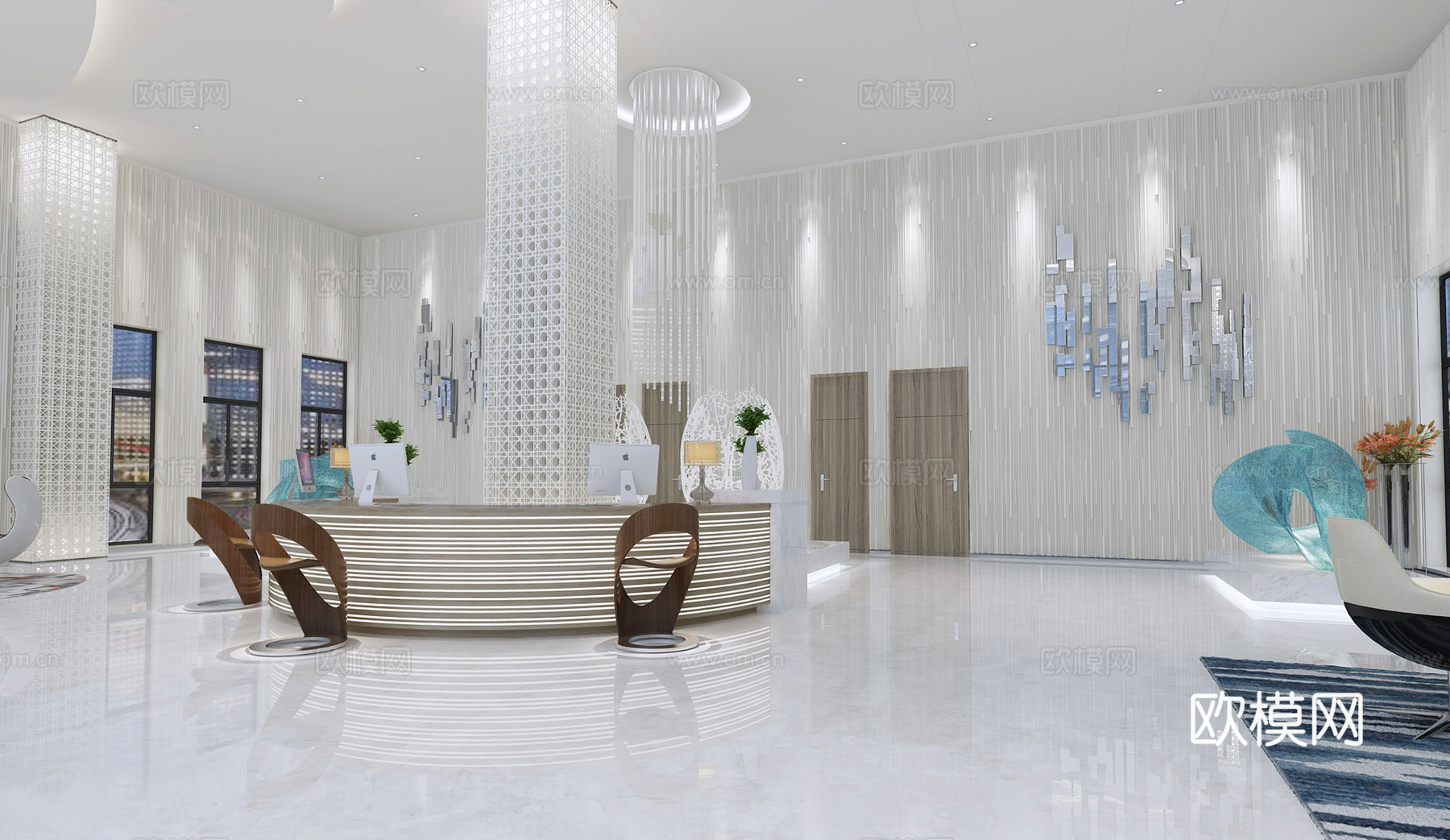 后现代白色公司大堂 吧台 镂空摆件 镂空柱子3d模型下载（渲染图2）