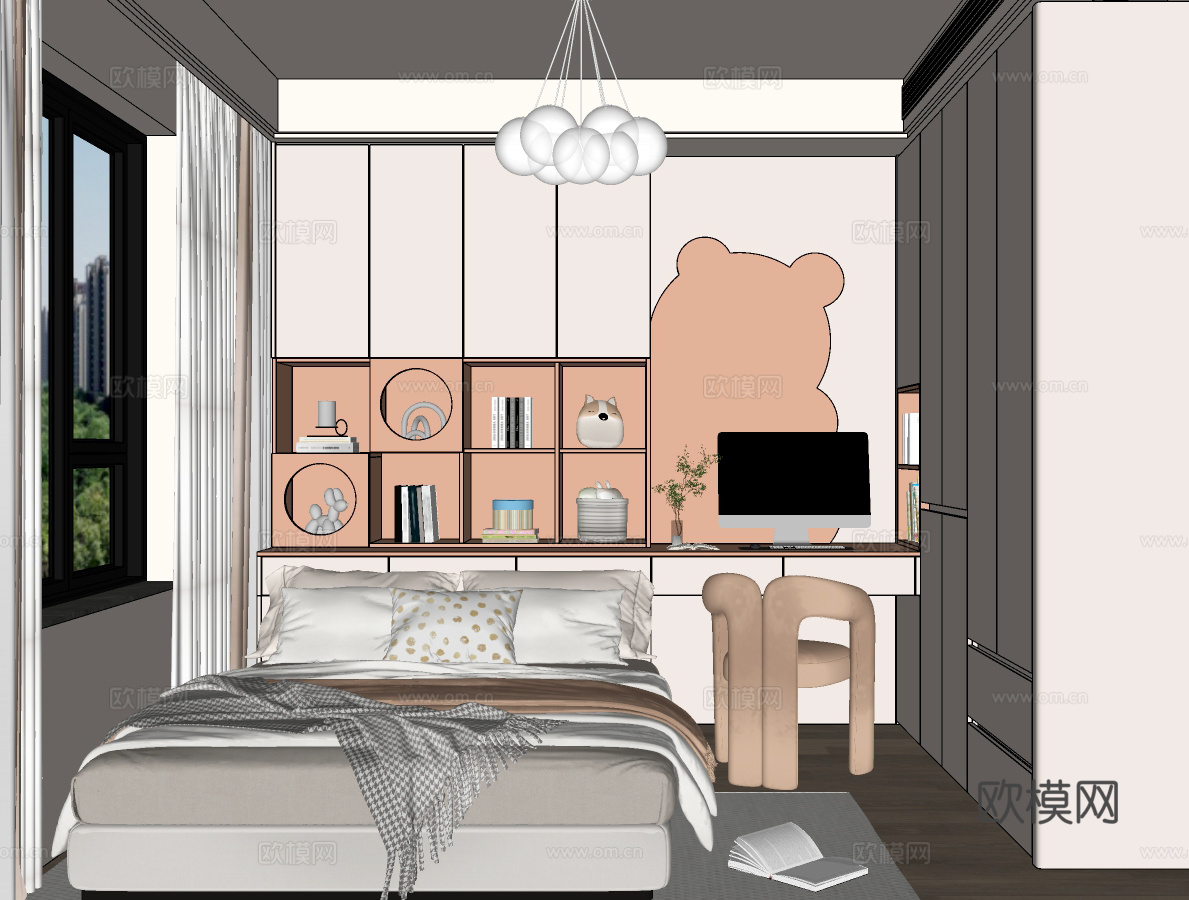 现代儿童房卧室 衣柜书桌床头背景柜  女孩房  榻榻米卧室su模型