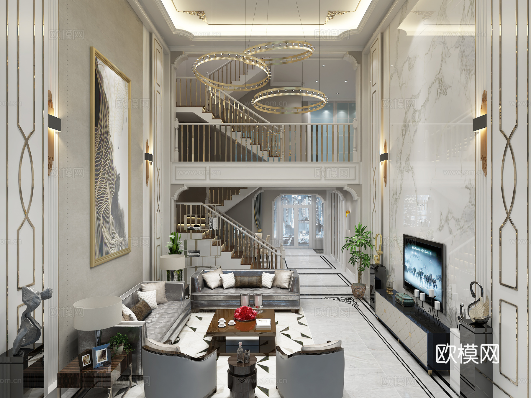 美式简美轻奢跃层客厅 沙发 楼梯 挂画3d模型下载