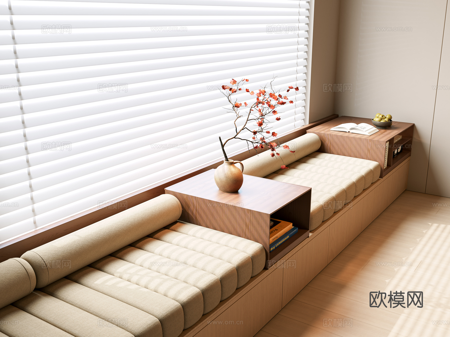 现代中古飘窗柜 飘窗 坐垫 中古风坐垫 坐垫 百叶帘 窗帘su模型