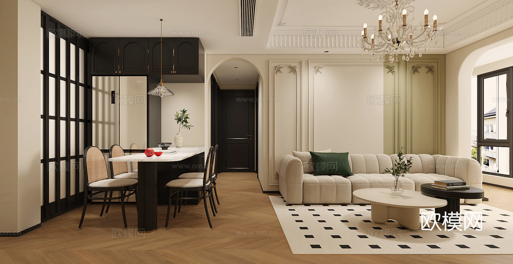 法式客厅 法式餐厅 法式客餐厅 法式沙发 法式餐桌3d模型下载（渲染图1）