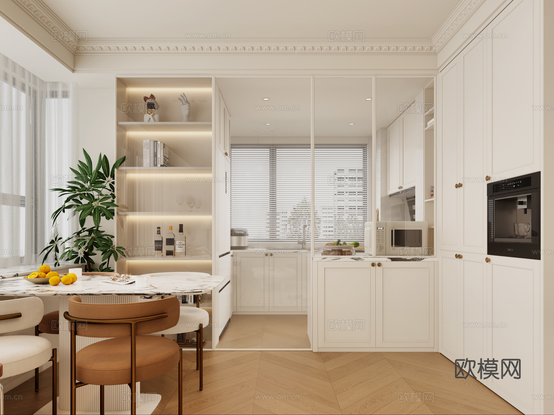 法式奶油风客餐厅厨房 法式奶油风沙发 法式奶油风参桌3d模型下载（渲染图3）