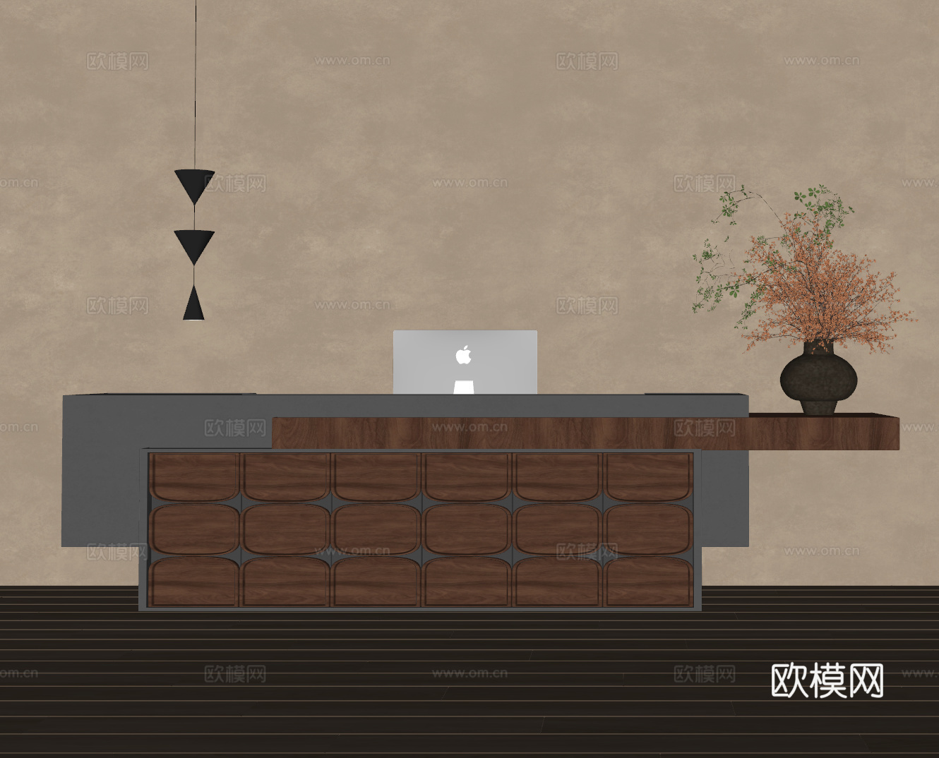 中古风前台 中古风 前台 接待 侘寂前台 收银台 花瓶花艺su模型