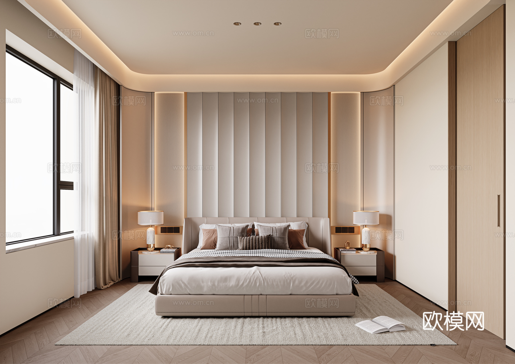 现代轻奢卧室 无主灯卧室 长辈房 老人房 床头背景墙 双人床su模型