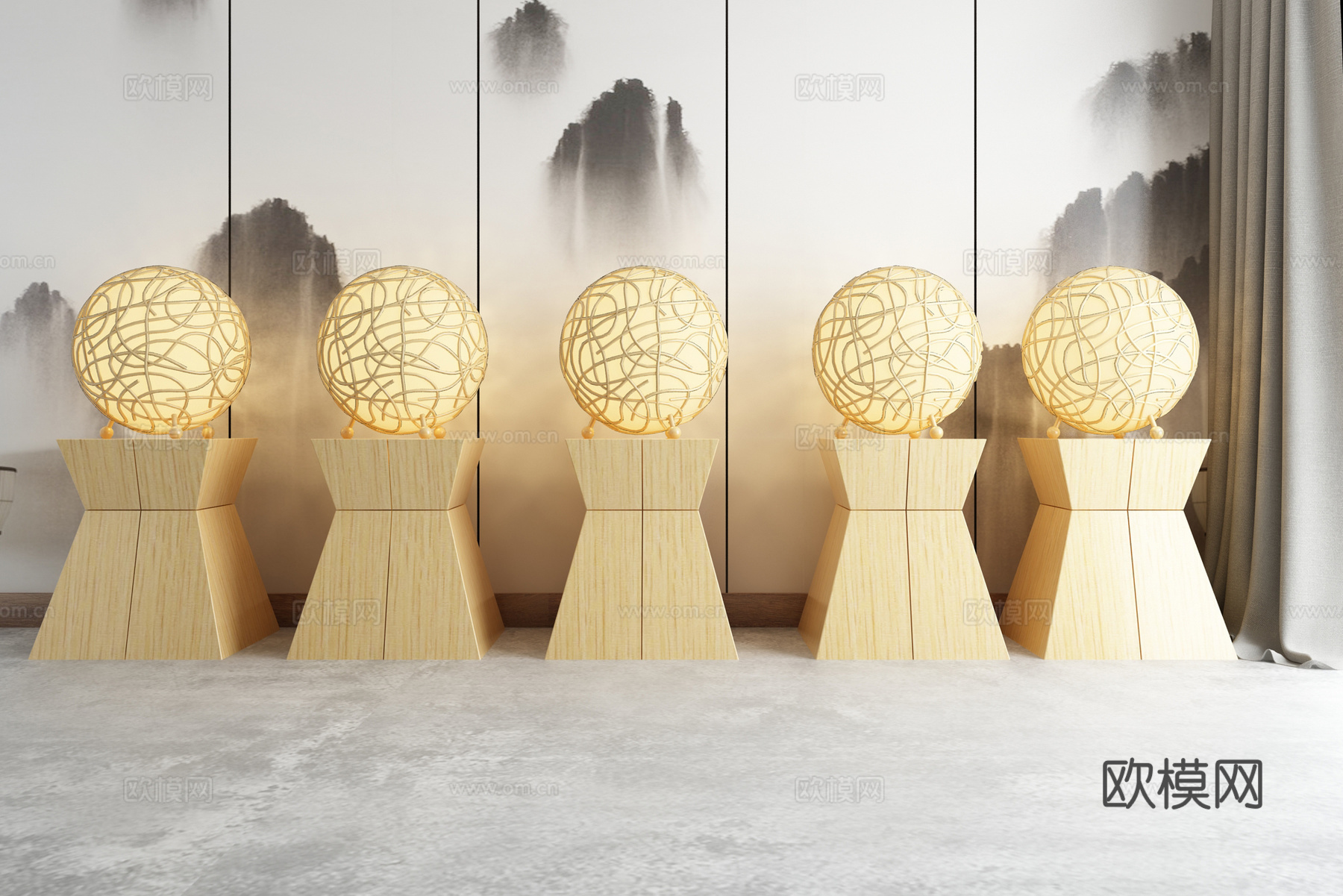 新中式实木台灯客栈酒店台灯组合3d模型