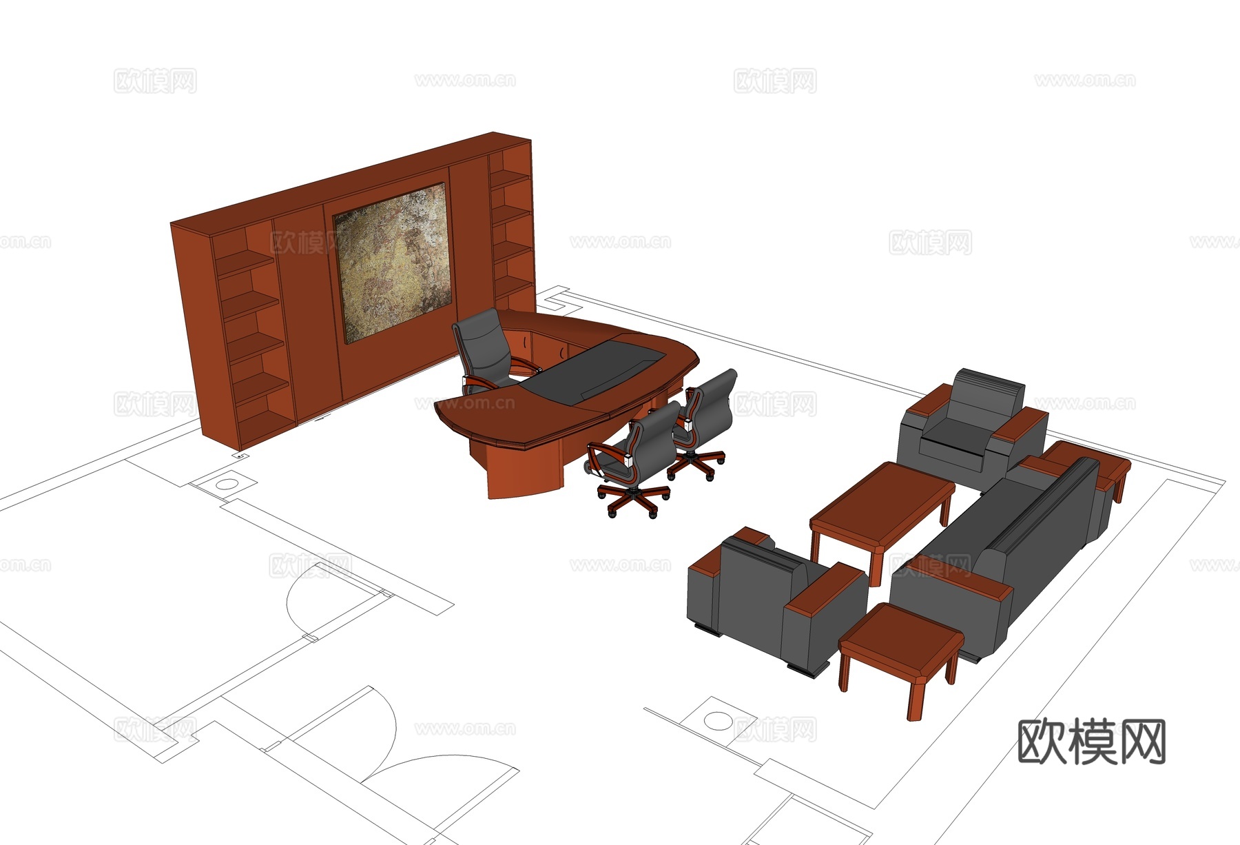 班台桌 办公桌 沙发 茶几 文件柜 办公家具 办公椅su模型