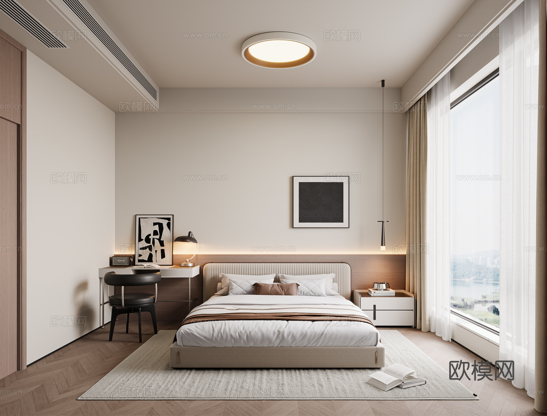意式现代卧室 布艺双人床 床头柜 成品书桌 单椅 金属吊灯su模型