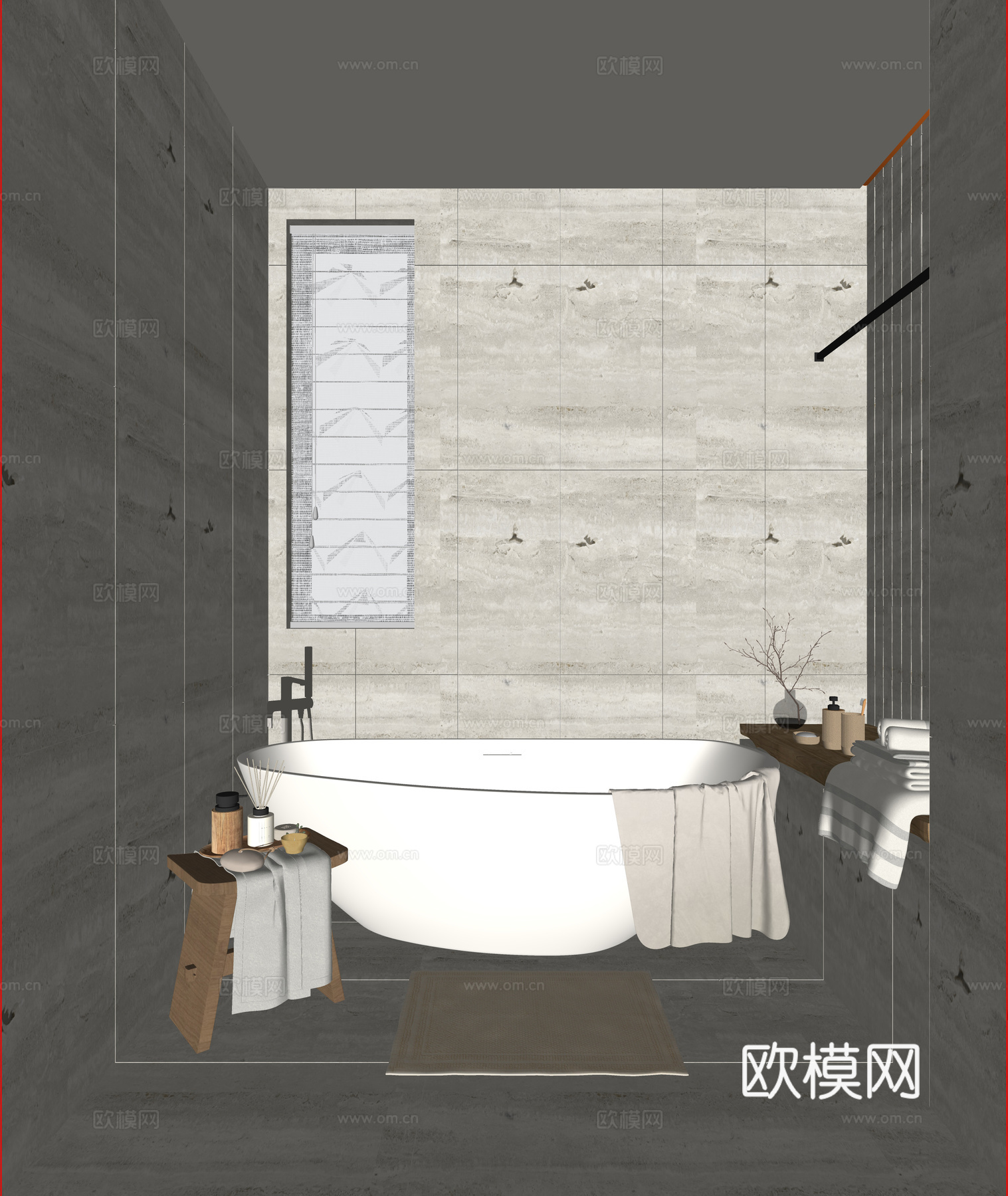 侘寂风卫生间 浴缸 毛巾 浴巾 矮凳 卫生间用品su模型
