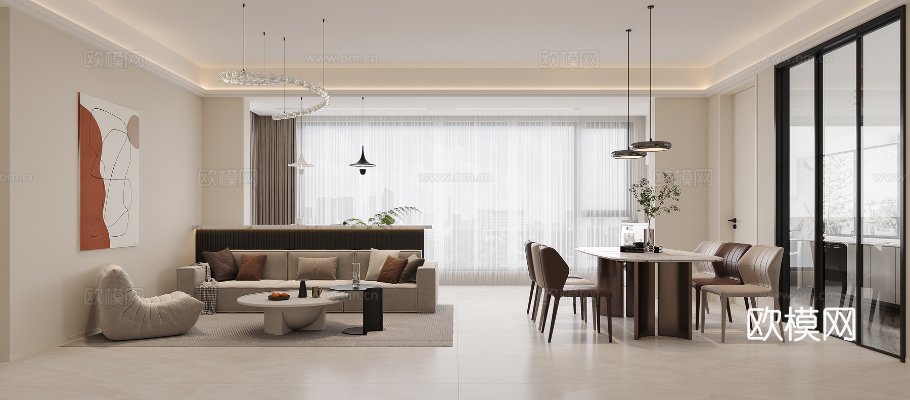 现代简约客餐厅3d模型下载（渲染图1）