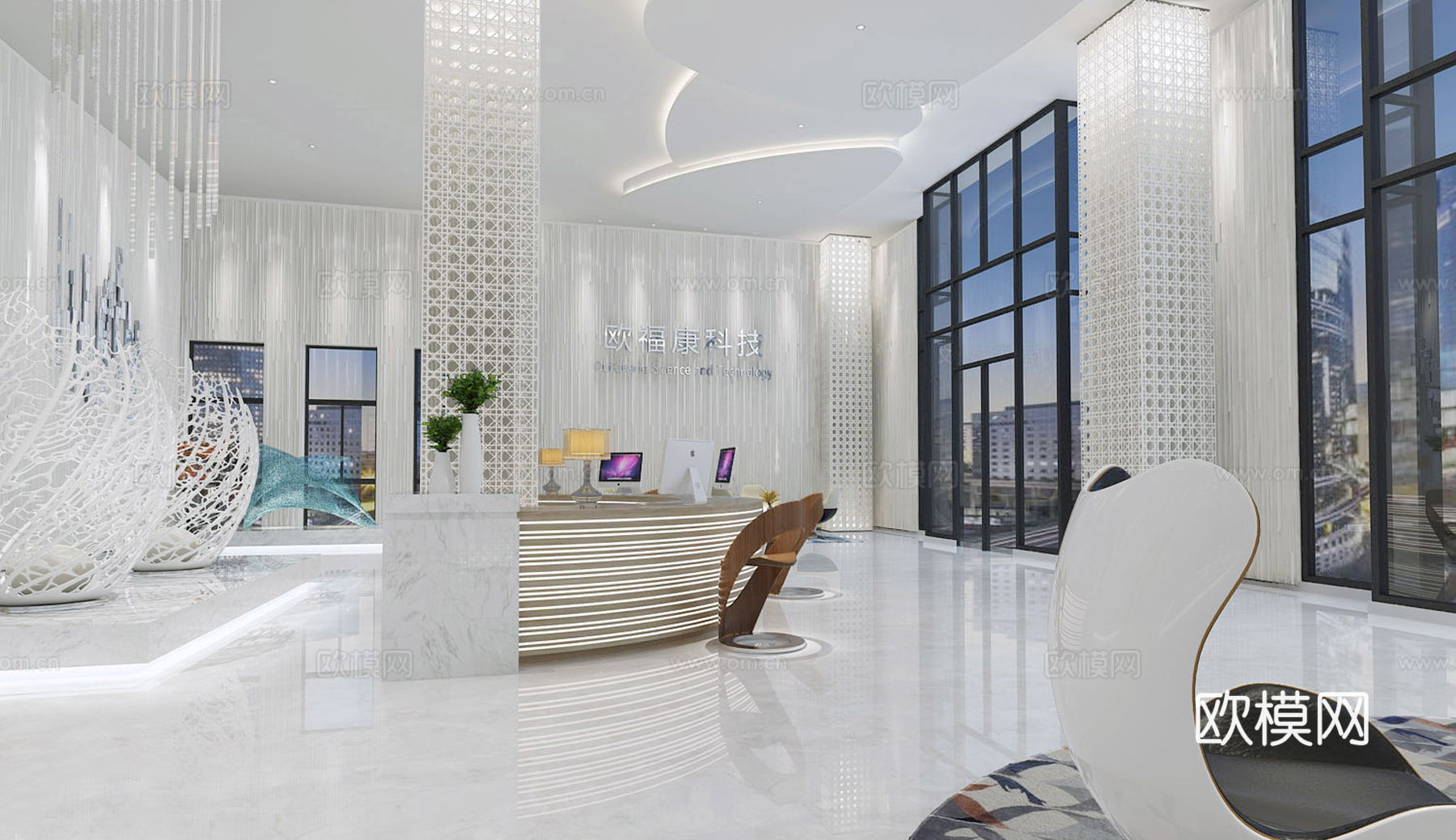 后现代白色公司大堂 吧台 镂空摆件 镂空柱子3d模型下载（渲染图4）