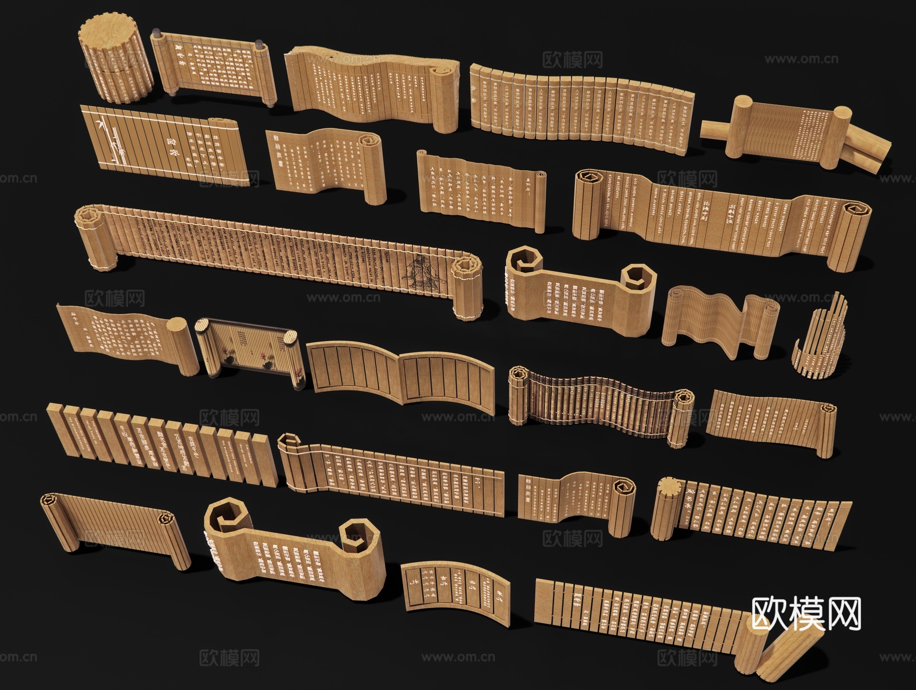 中式竹简 书简书卷 卷轴 竹编竹册 竹子景墙 民俗文化景墙su模型