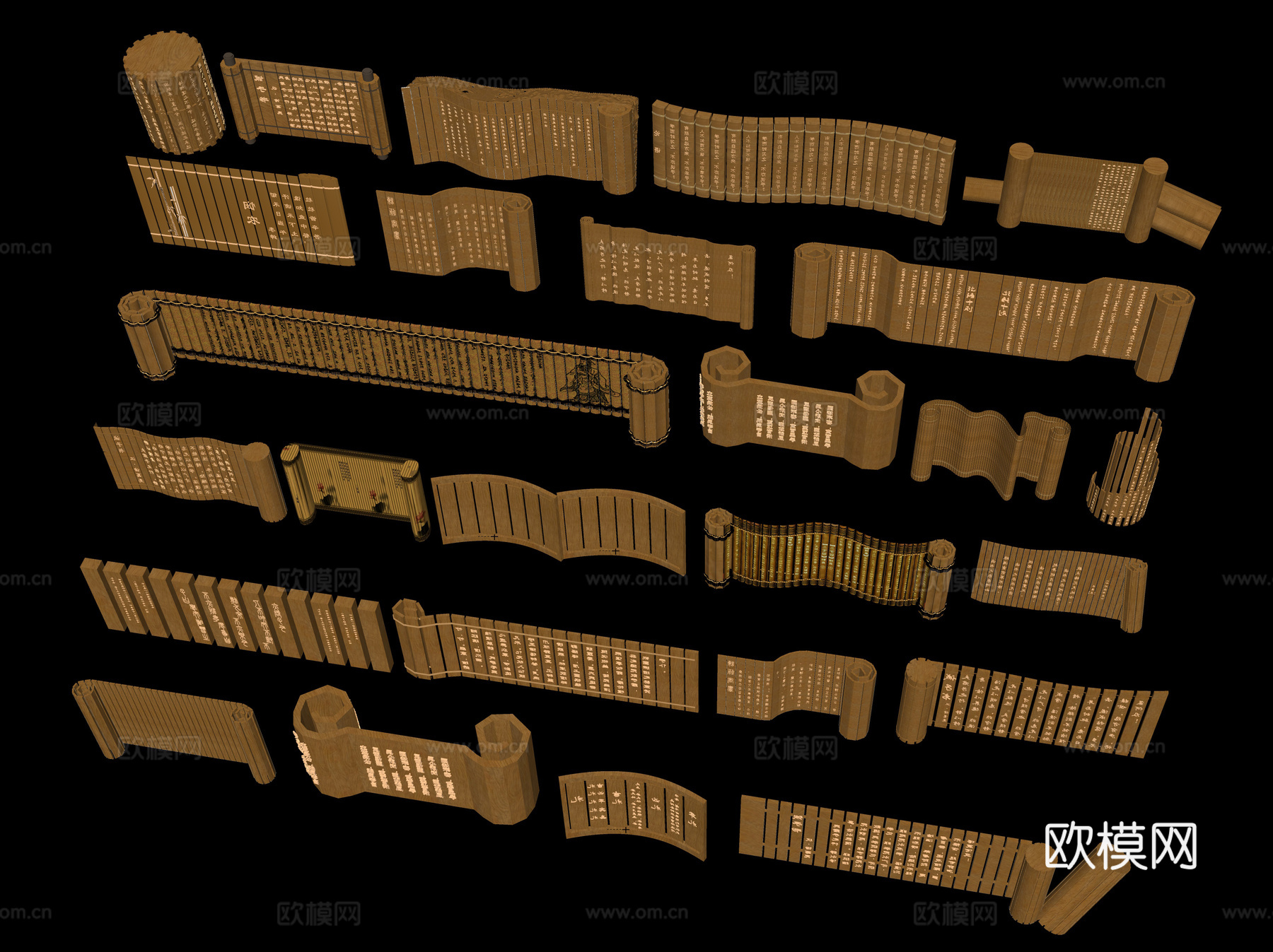 中式竹简 书简书卷 卷轴 竹编竹册 竹子景墙 民俗文化景墙su模型