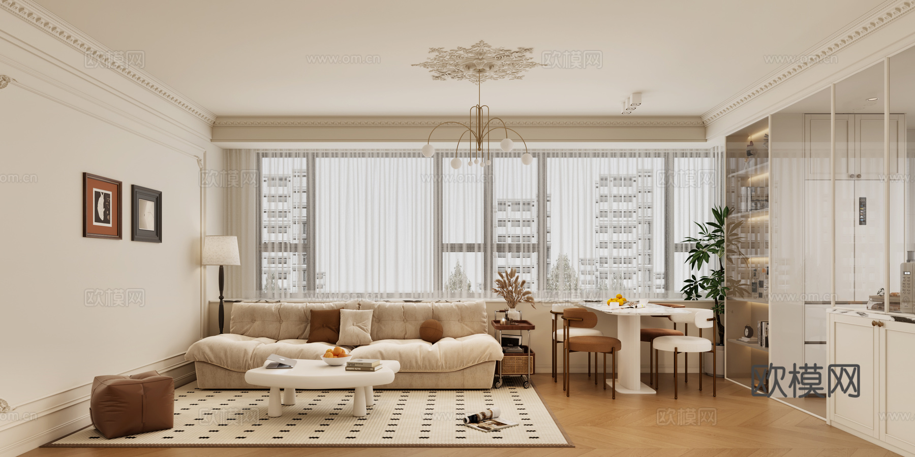 法式奶油风客餐厅厨房 法式奶油风沙发 法式奶油风参桌3d模型下载（渲染图1）