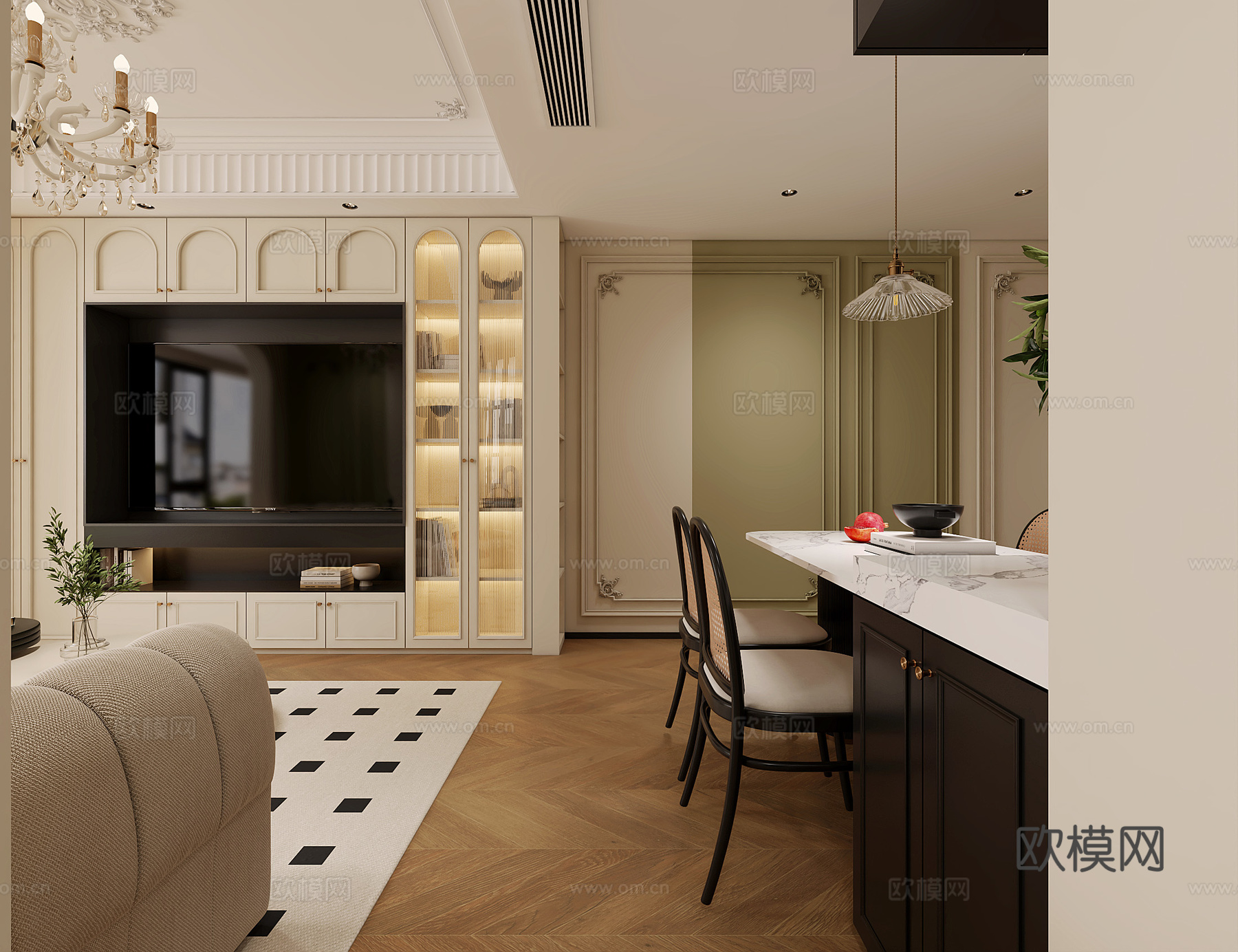 法式客厅 法式餐厅 法式客餐厅 法式沙发 法式餐桌3d模型下载（渲染图3）