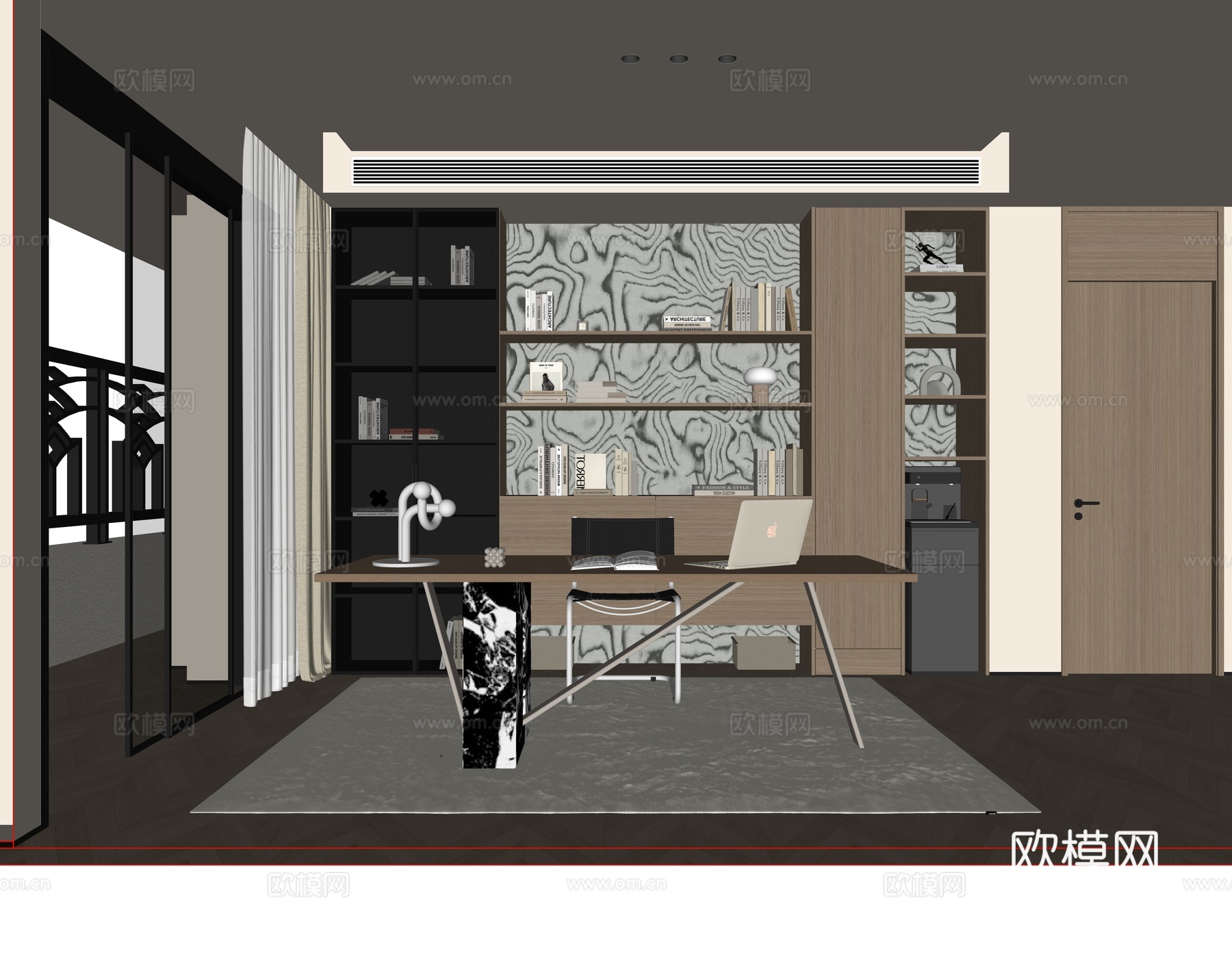 意式现代书房 无主灯书房 开放式书房 书桌椅 单椅 书房书柜su模型