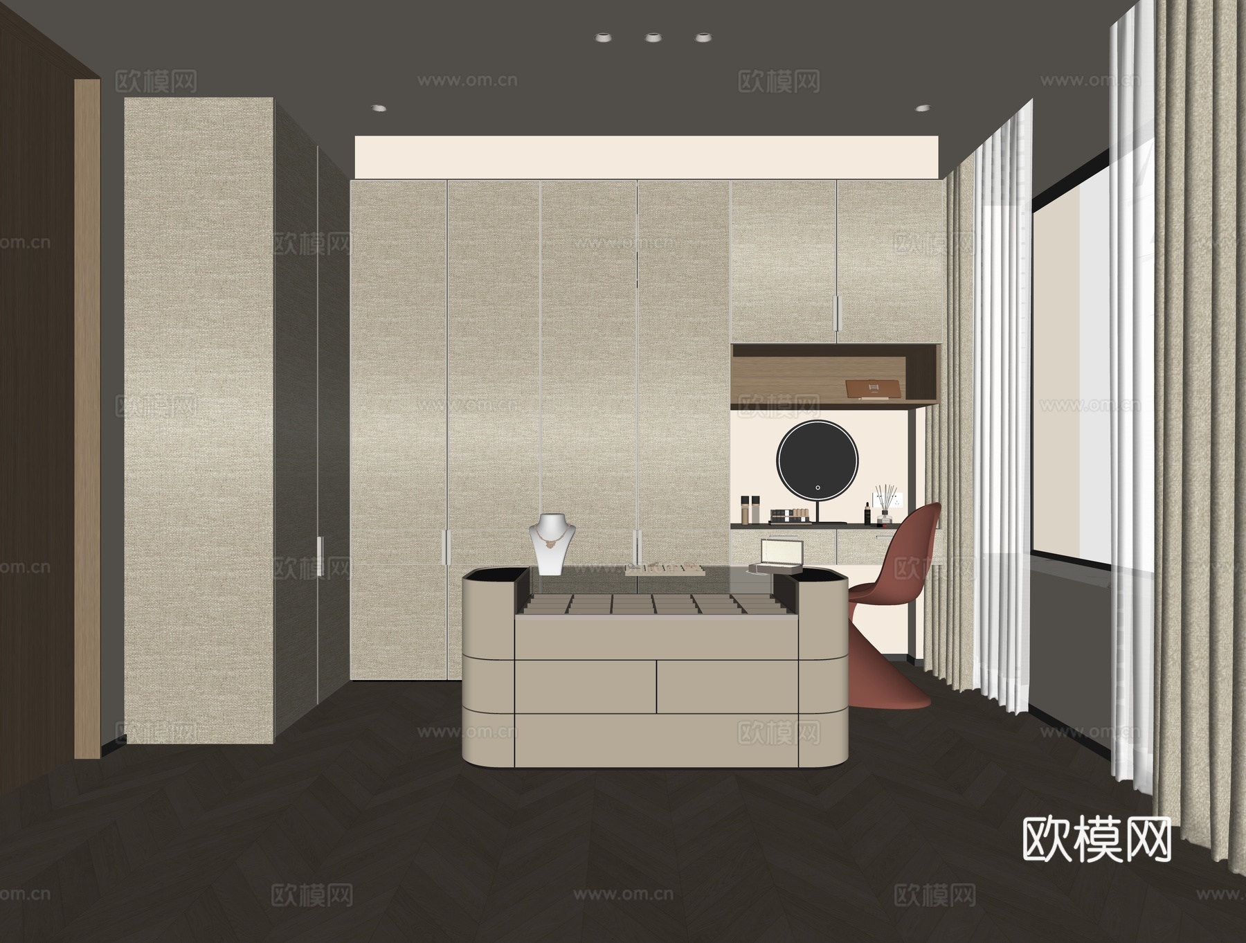 意式现代衣帽间 定制衣柜 衣帽间中岛台 梳妆台 单椅 化妆镜su模型