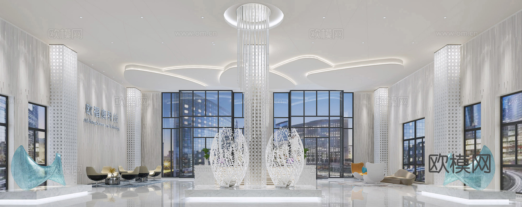 后现代白色公司大堂 吧台 镂空摆件 镂空柱子3d模型下载（渲染图1）