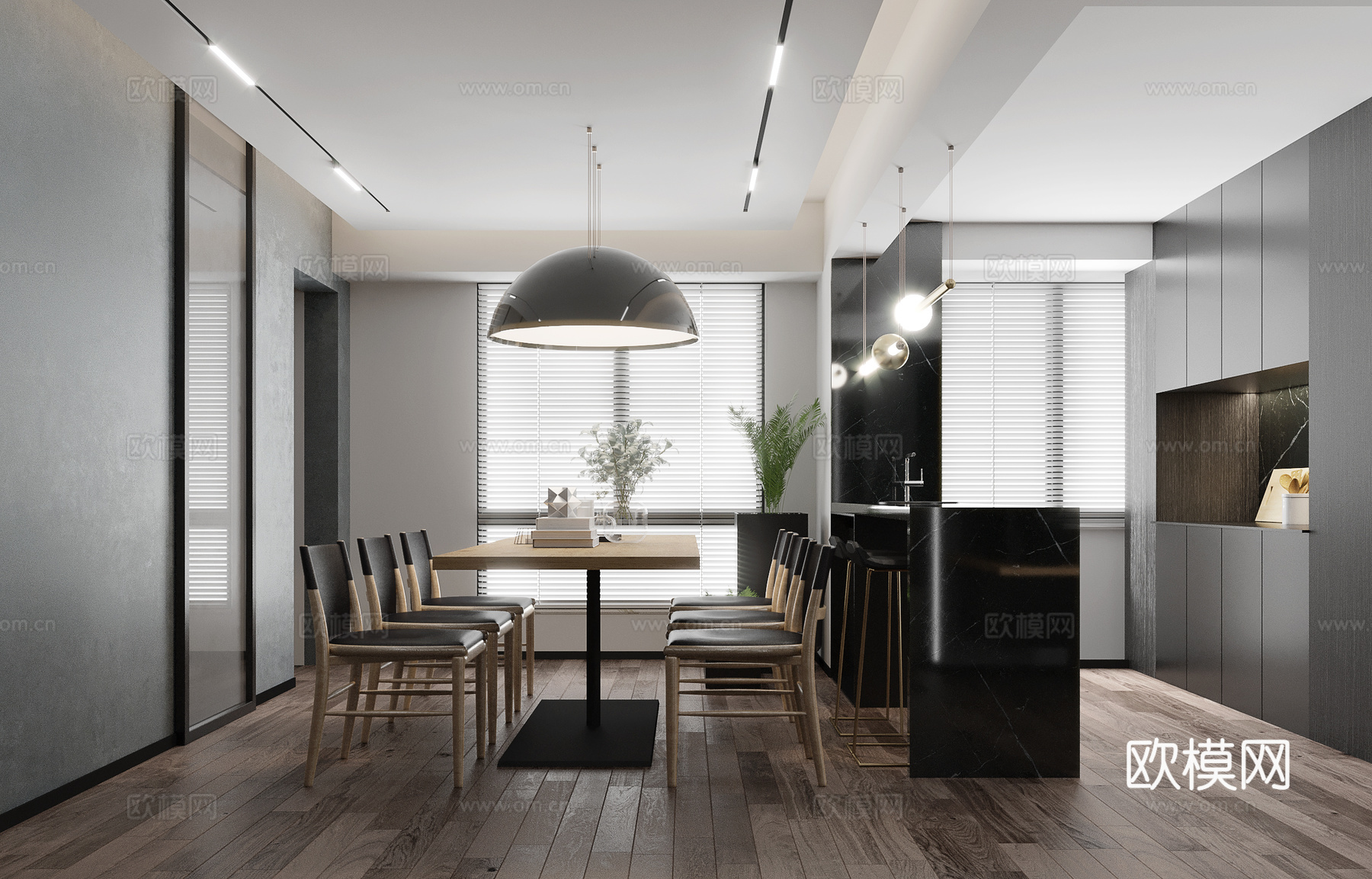 北欧现代厨房餐厅3d模型下载（渲染图1）