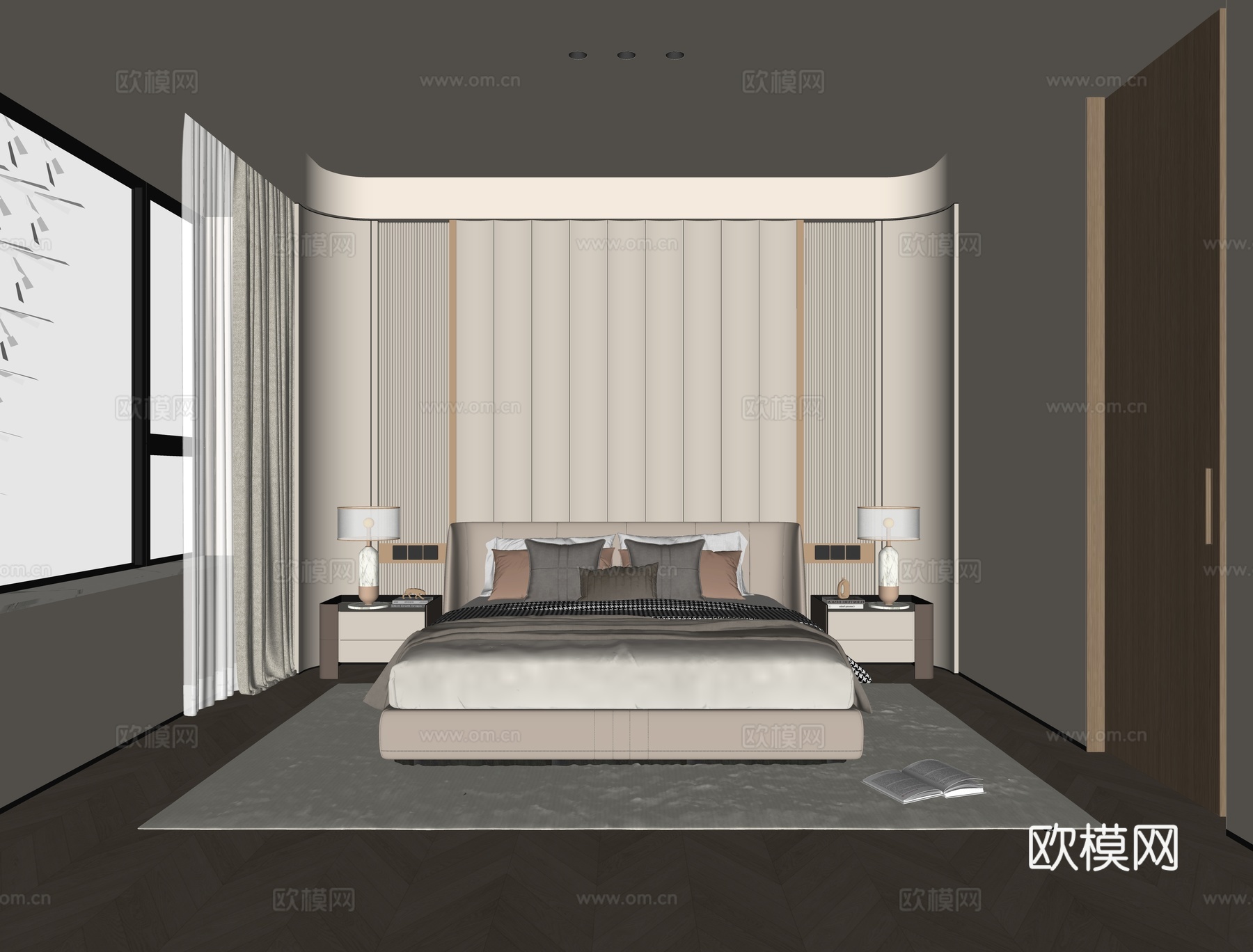 现代轻奢卧室 无主灯卧室 长辈房 老人房 床头背景墙 双人床su模型