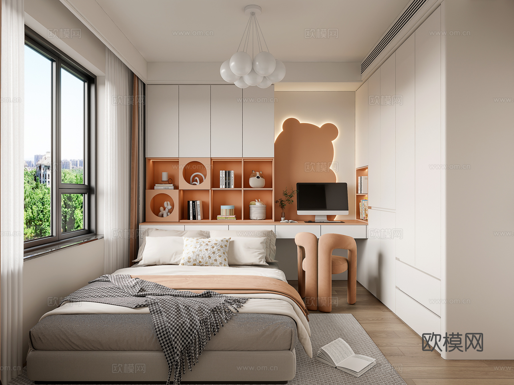 现代儿童房卧室 衣柜书桌床头背景柜  女孩房  榻榻米卧室su模型