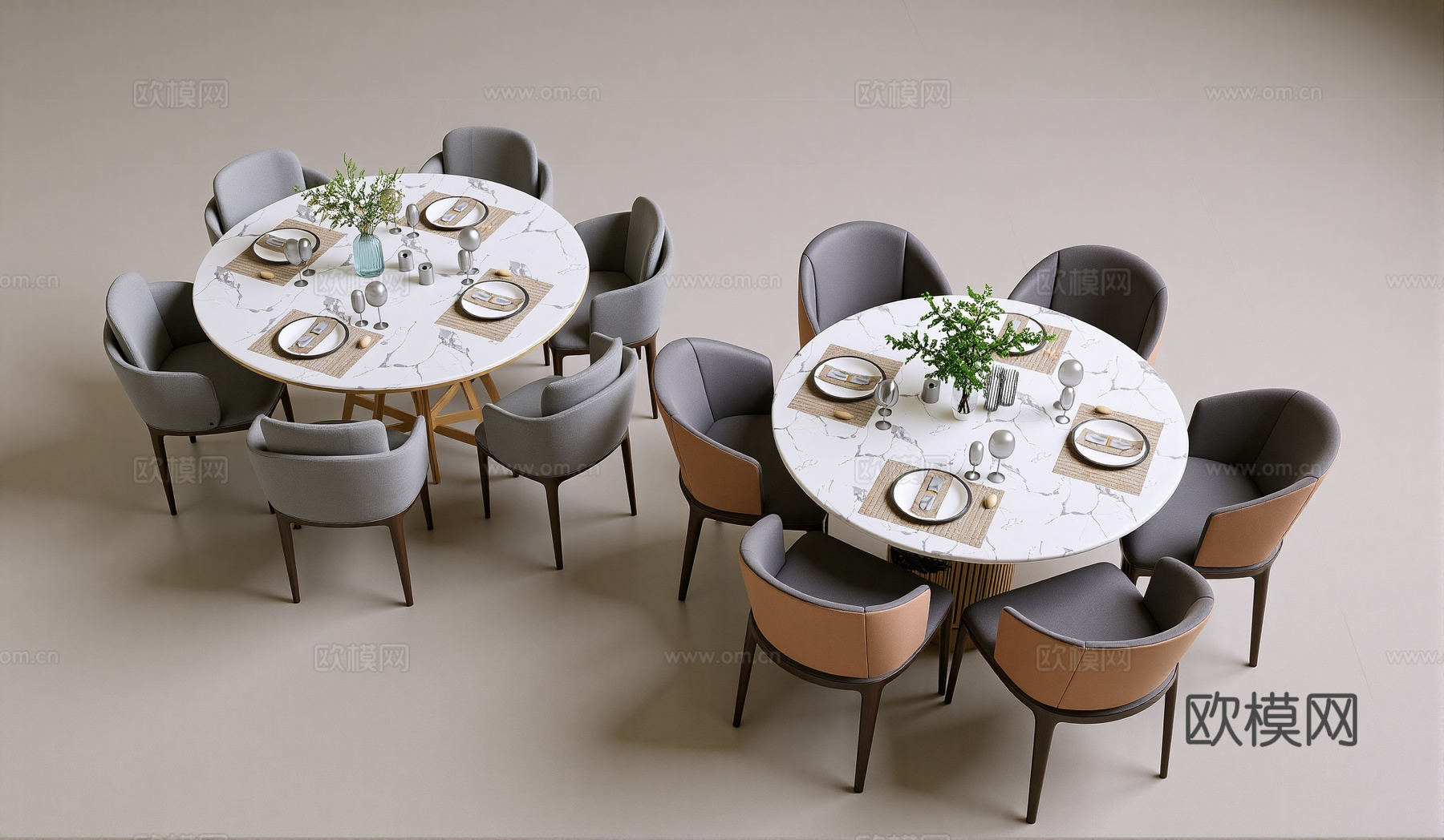 现代圆形餐桌椅餐具酒杯组合su模型