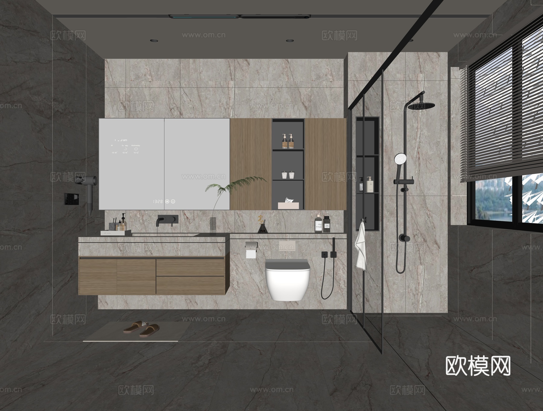 意式现代卫生间 干湿分离卫生间 淋浴花洒 浴室柜 卫生间用品su模型