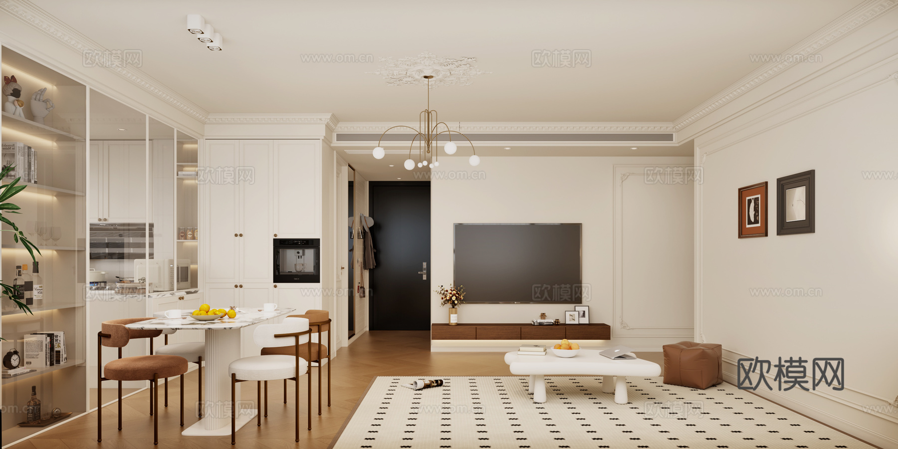 法式奶油风客餐厅厨房 法式奶油风沙发 法式奶油风参桌3d模型下载（渲染图2）
