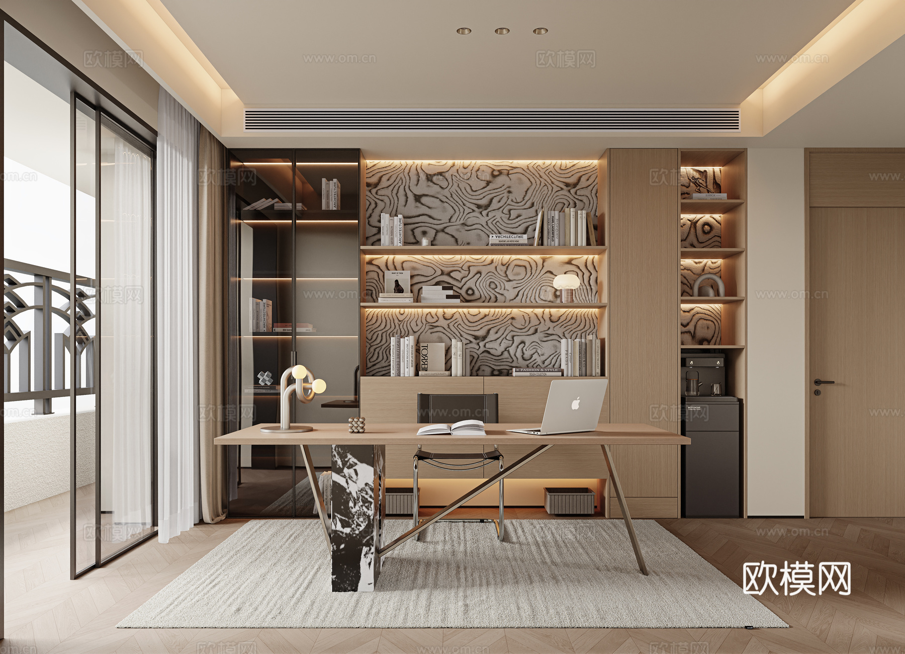 意式现代书房 无主灯书房 开放式书房 书桌椅 单椅 书房书柜3d模型下载