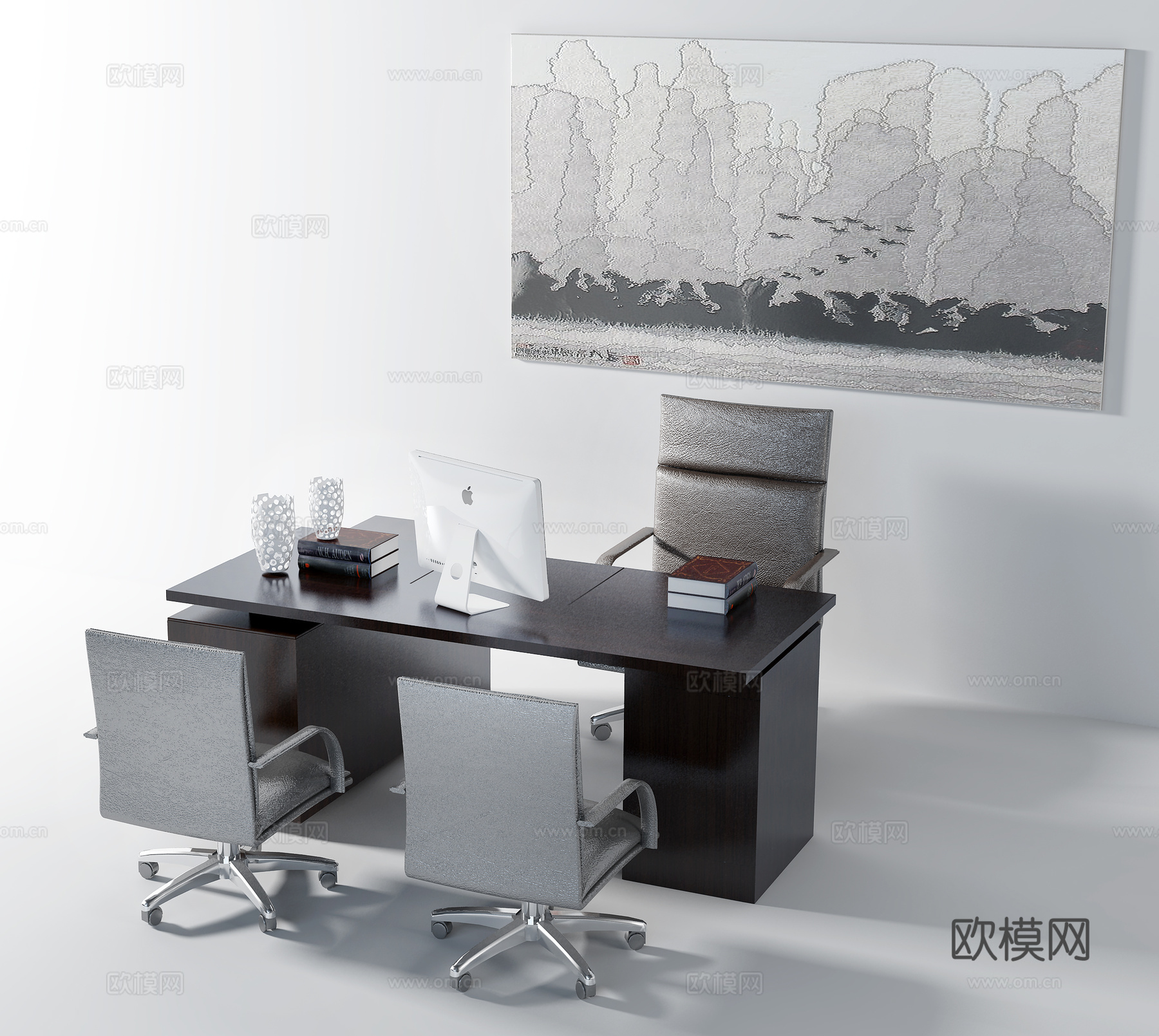现代办公总经理桌椅挂画组合3d模型下载