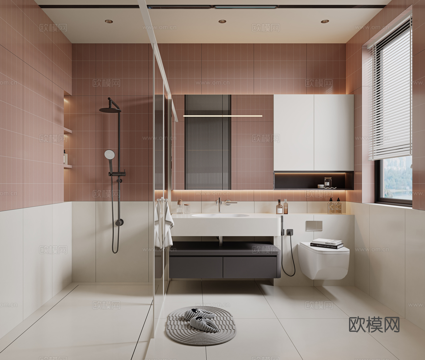 现代卫生间 干湿分离卫生间 淋浴花洒 洗手盆 浴室柜 壁挂马su模型