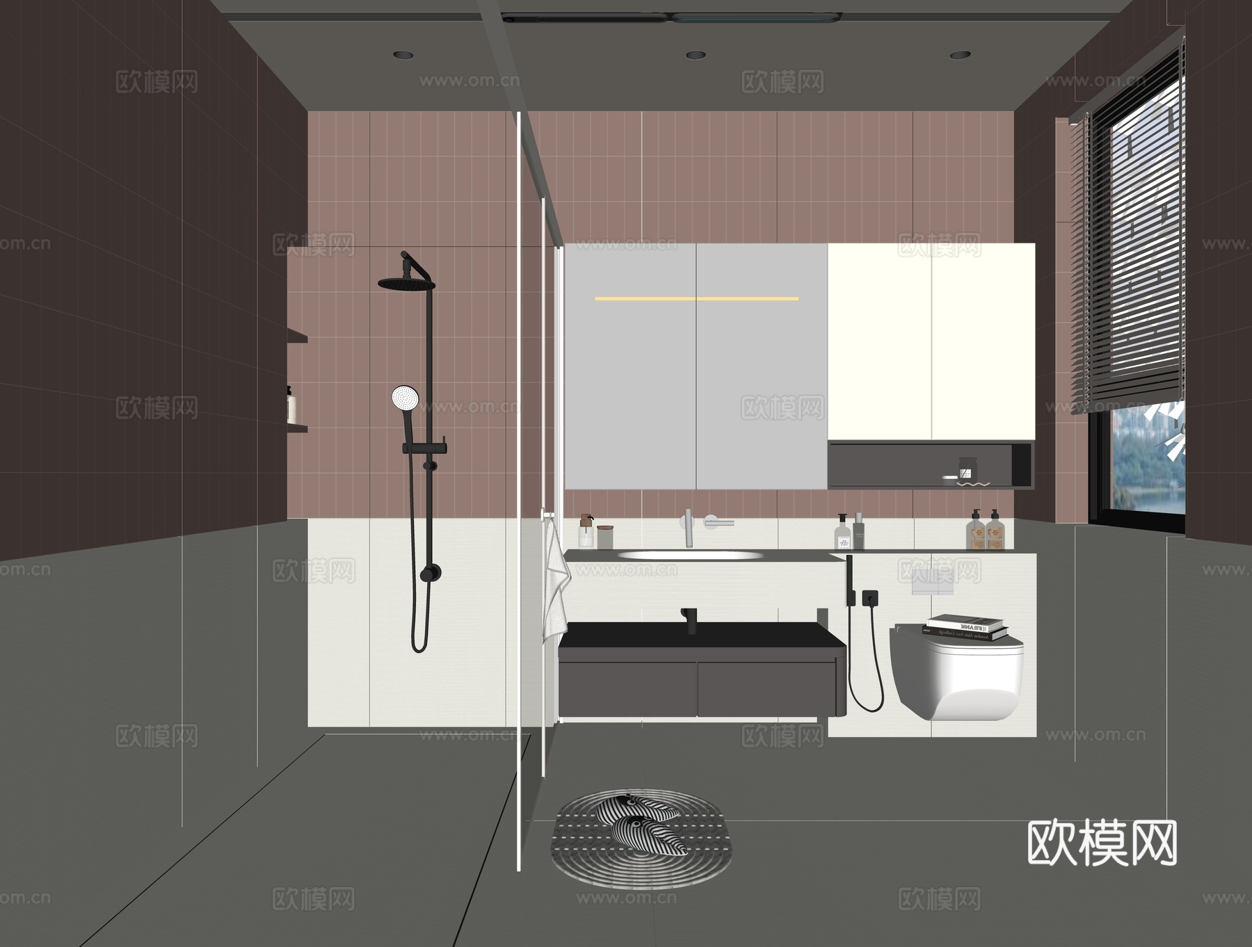 现代卫生间 干湿分离卫生间 淋浴花洒 洗手盆 浴室柜 壁挂马su模型