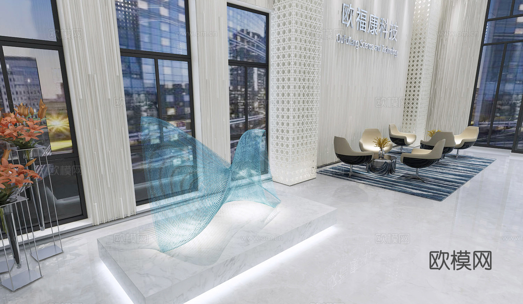 后现代白色公司大堂 吧台 镂空摆件 镂空柱子3d模型下载（渲染图3）