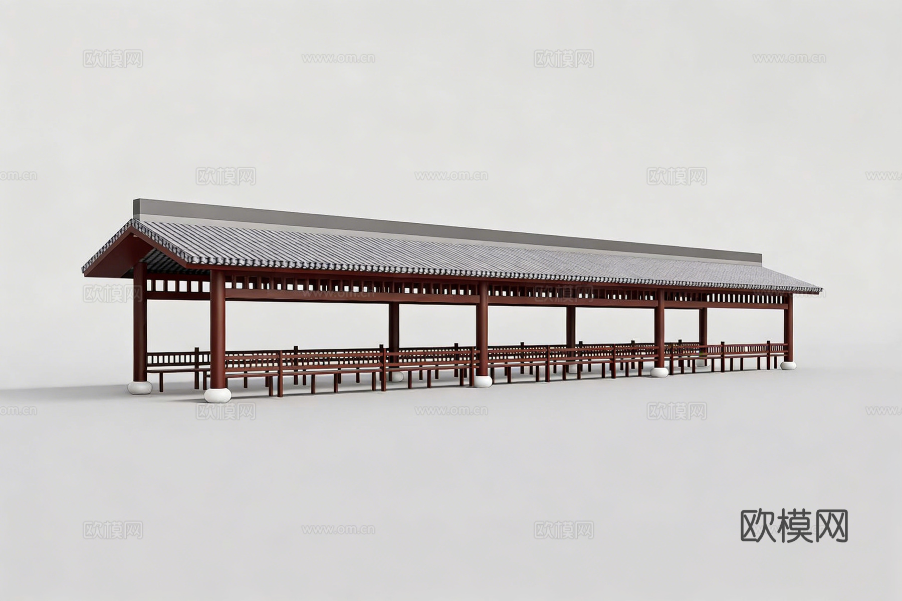中式长廊 园林连廊 仿古风雨廊 坡屋顶灰瓦长廊 深棕廊柱与美su模型