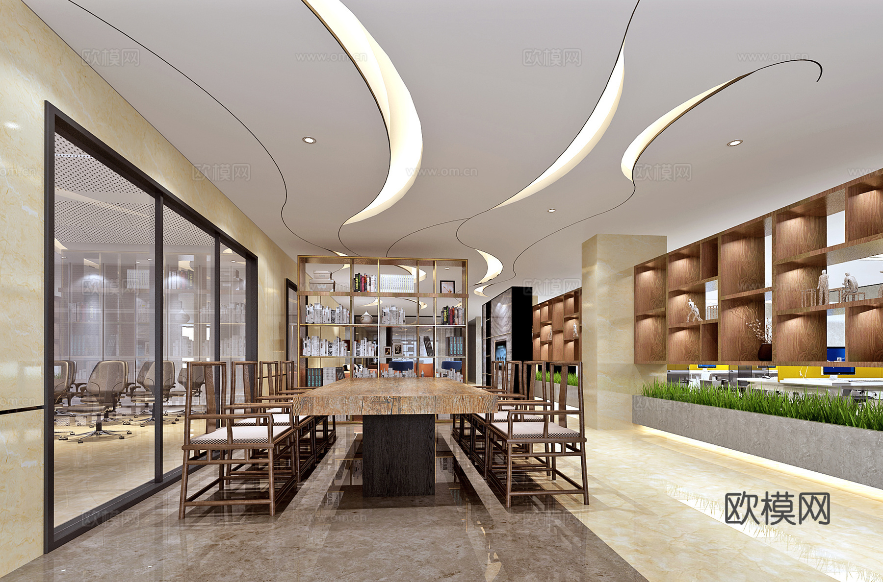 新中式多功能会议室3d模型下载