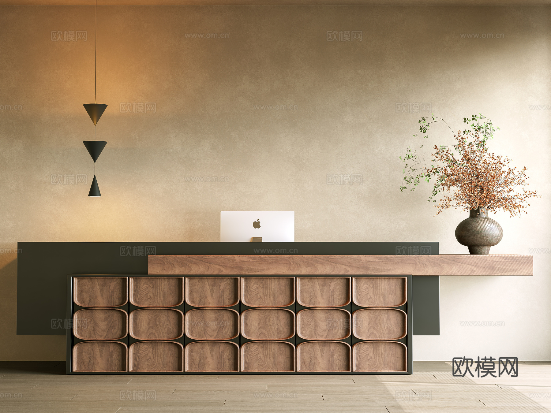 中古风前台 中古风 前台 接待 侘寂前台 收银台 花瓶花艺su模型