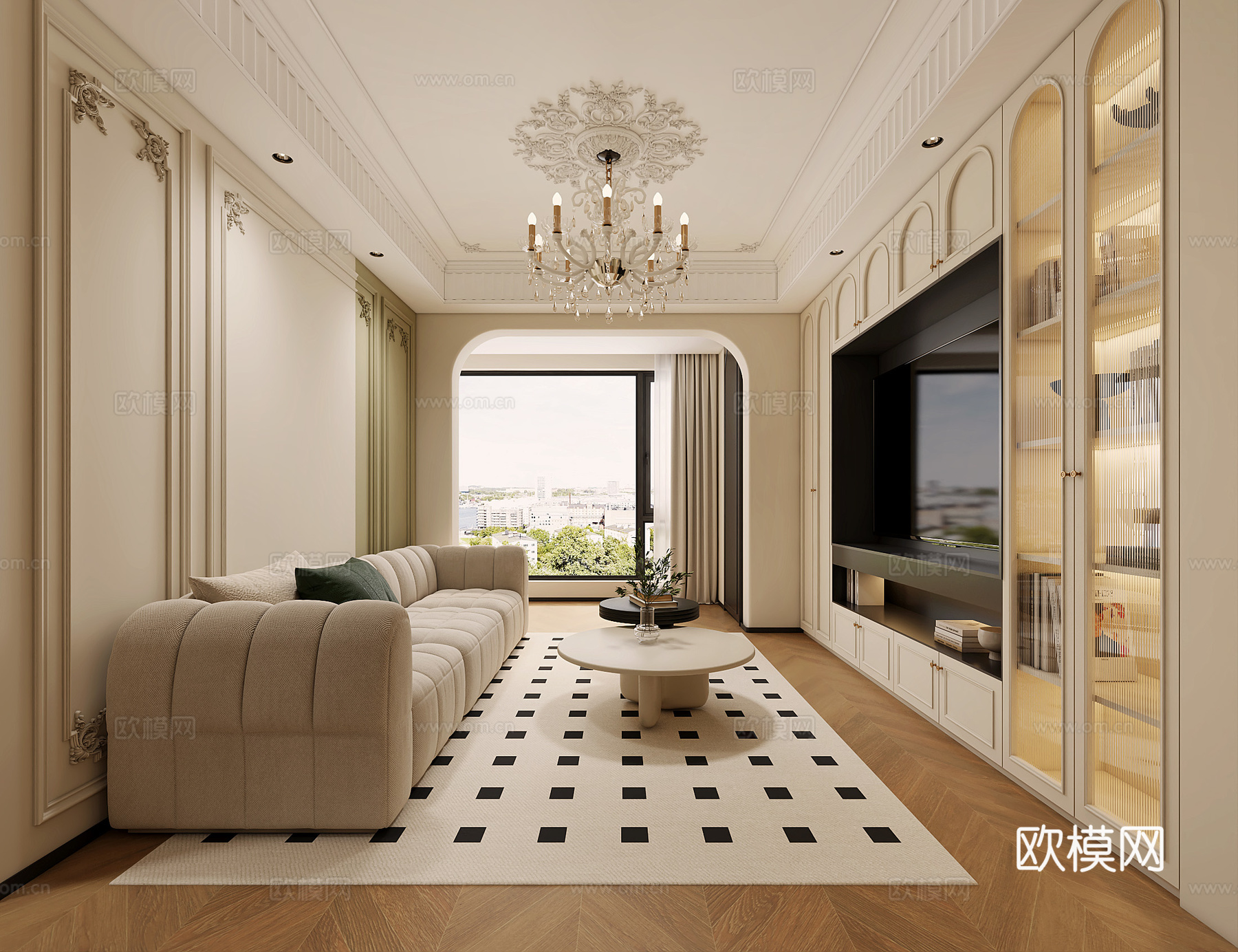 法式客厅 法式餐厅 法式客餐厅 法式沙发 法式餐桌3d模型下载（渲染图2）