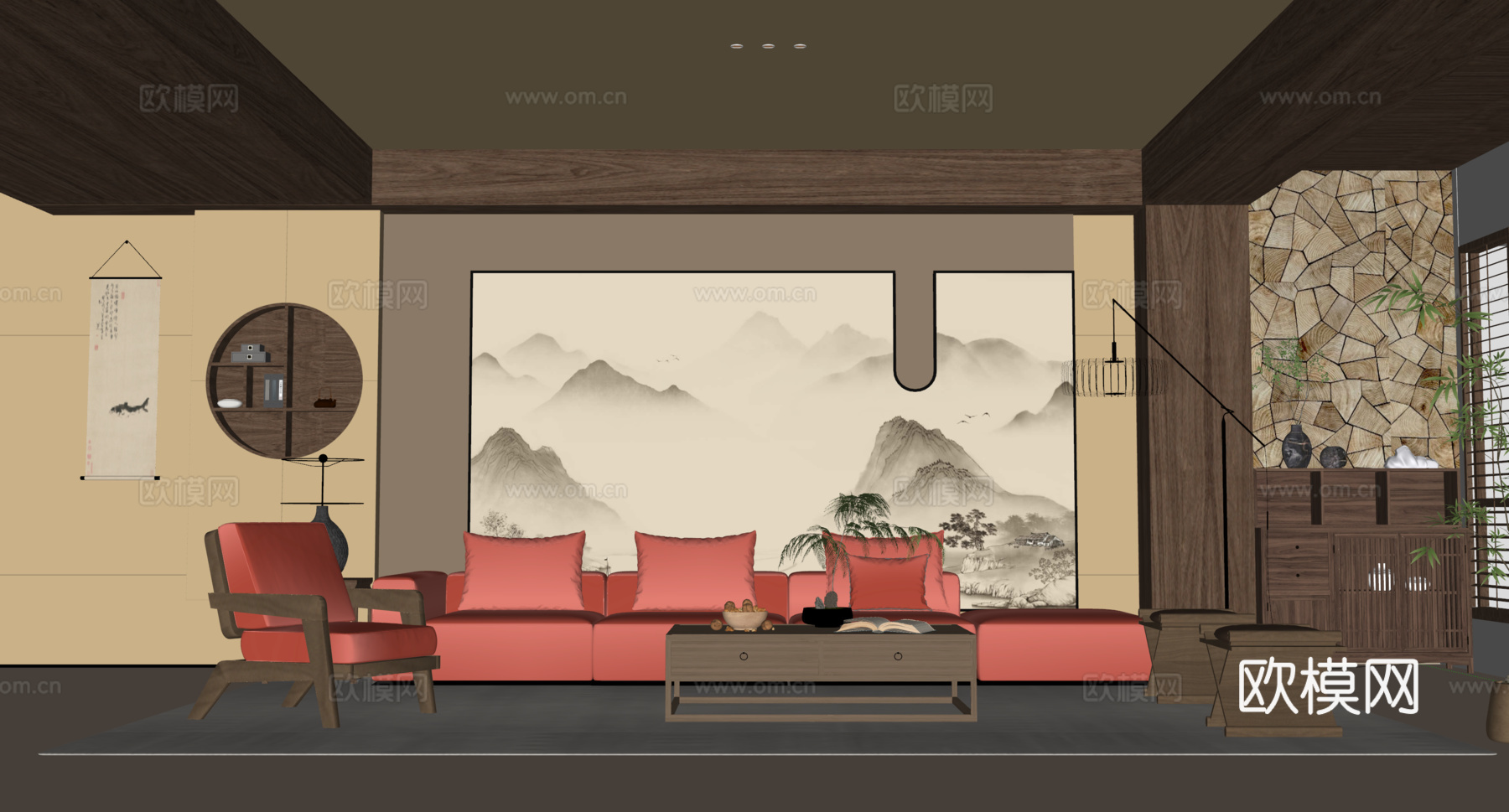 宋式客厅 沙发背景墙 沙发茶几组合su模型