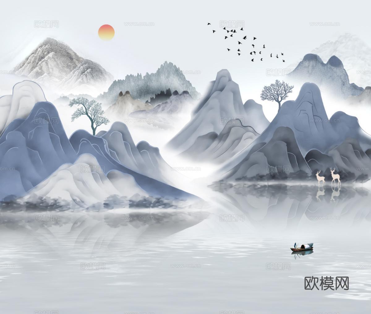 中式新中式高清山水壁纸壁画装饰画