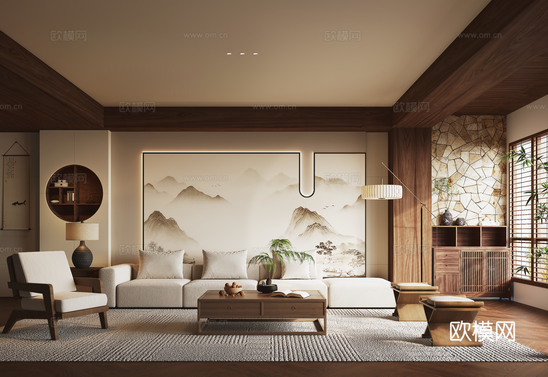 宋式客厅 沙发背景墙 沙发茶几组合su模型