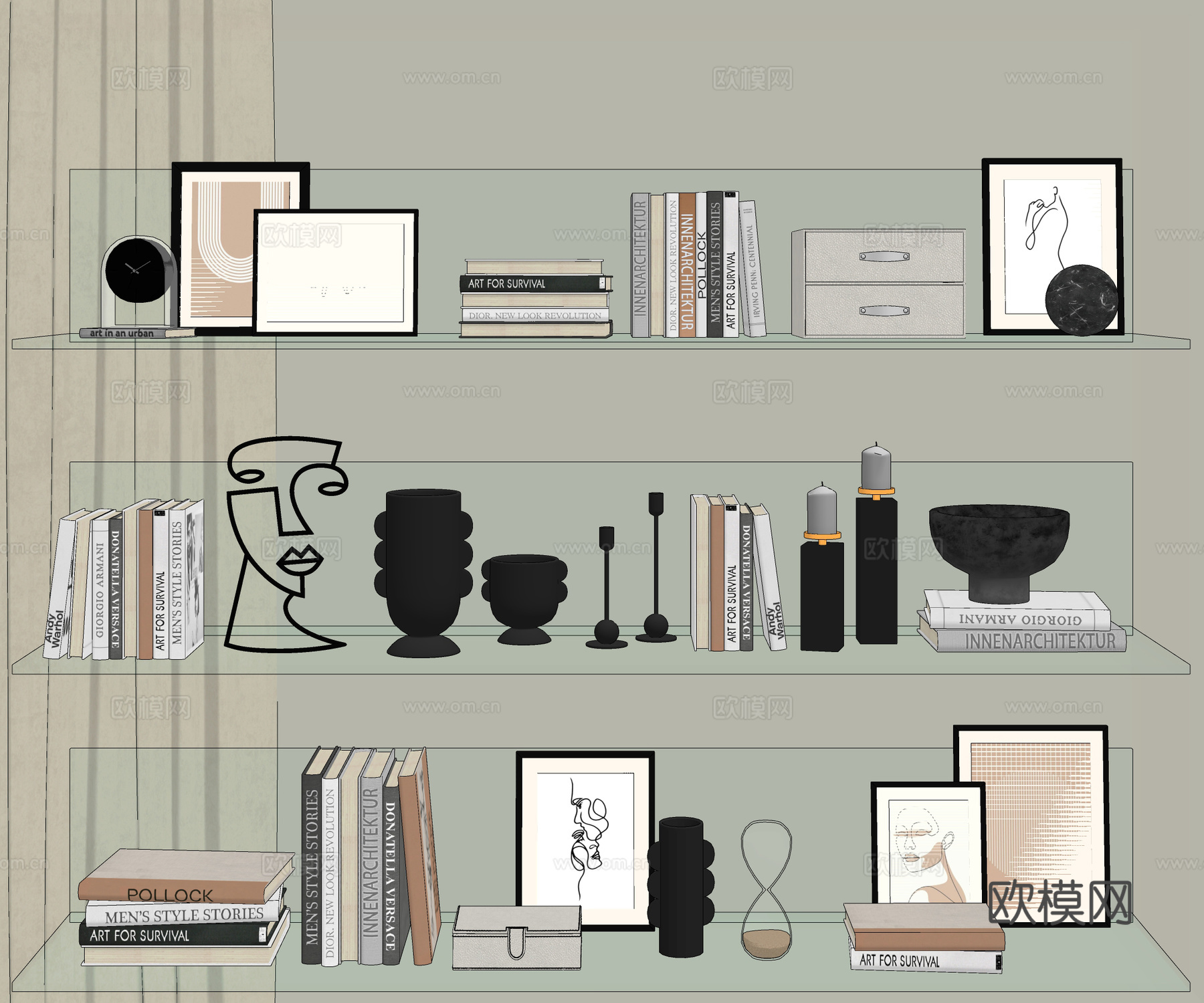 中古风饰品摆件组合 书籍 装饰画su模型