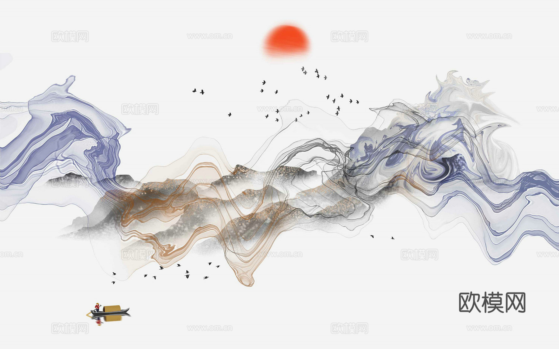 中式新中式抽象建筑壁纸壁画装饰画