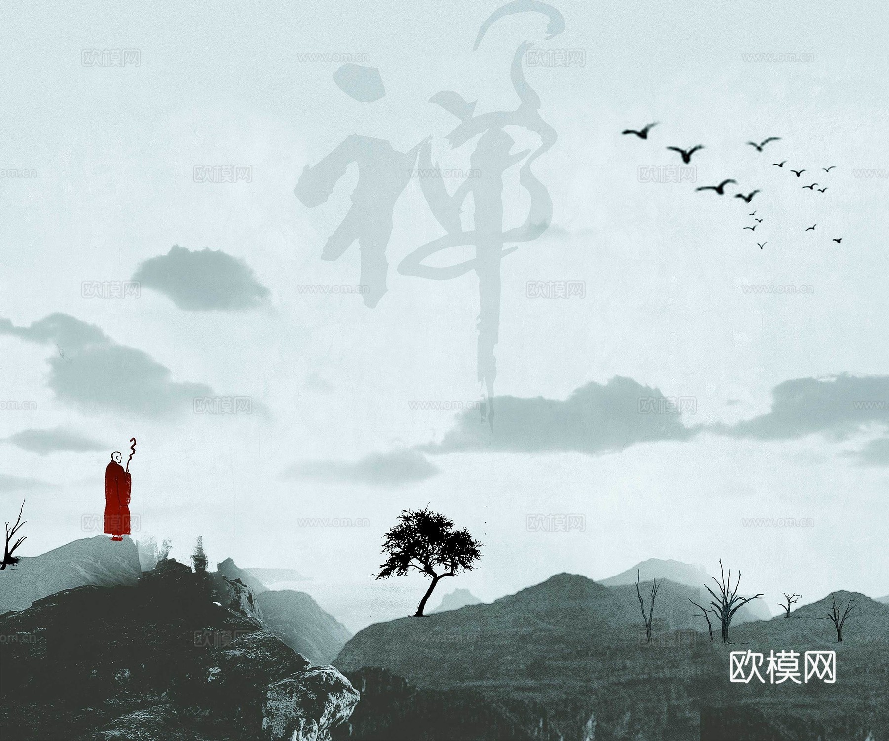 中式新中式高清壁纸壁画装饰画水墨画