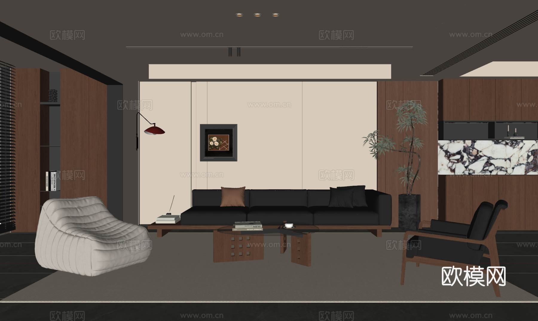 现代中古风客厅 沙发茶几 多人沙发 休闲椅 挂画 落地灯 地su模型
