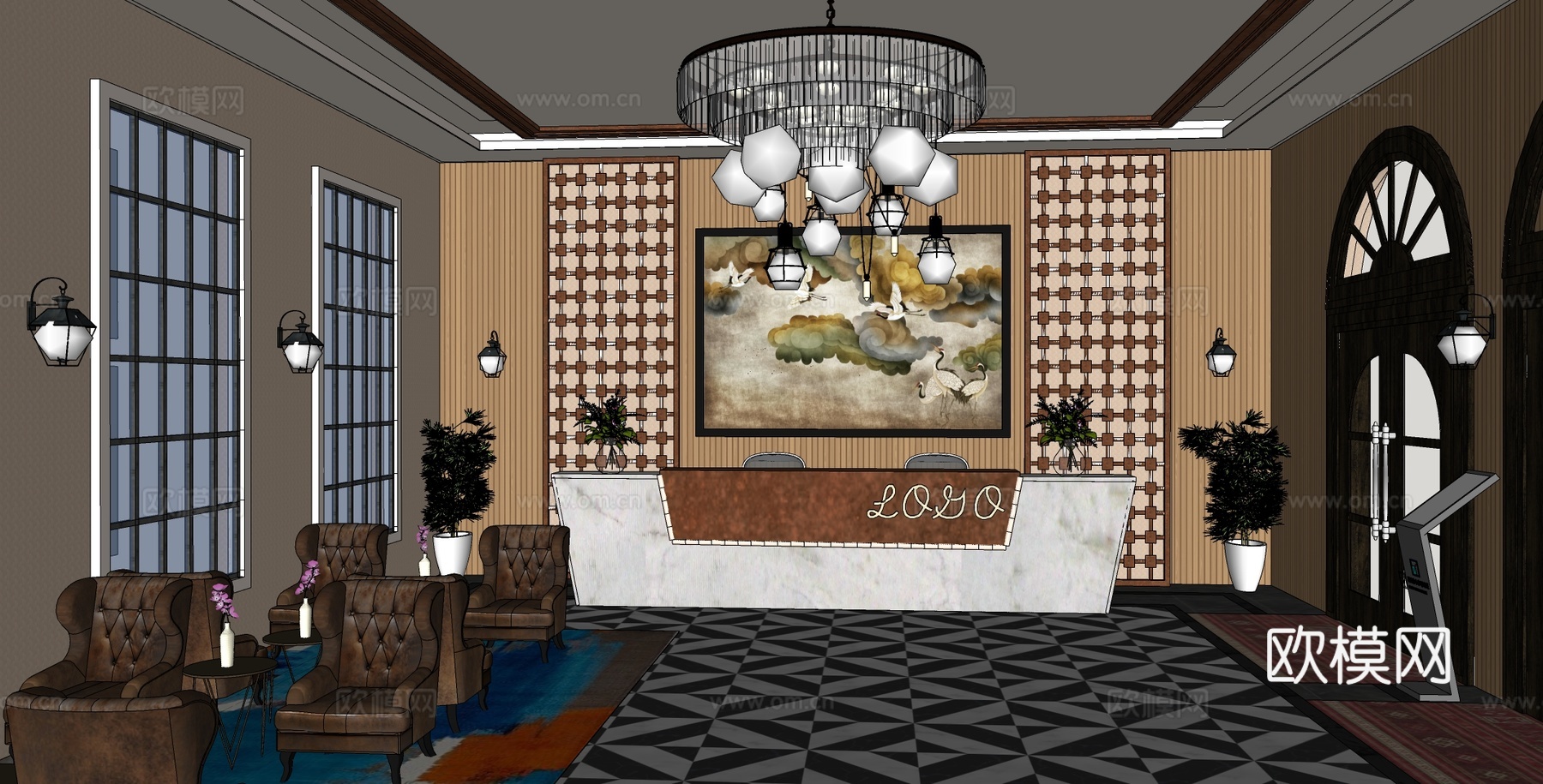 复古风酒店前台su模型