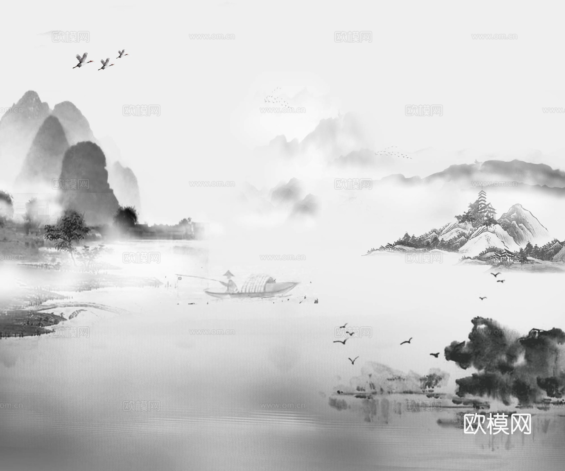 中式山水水墨画壁纸壁画装饰画