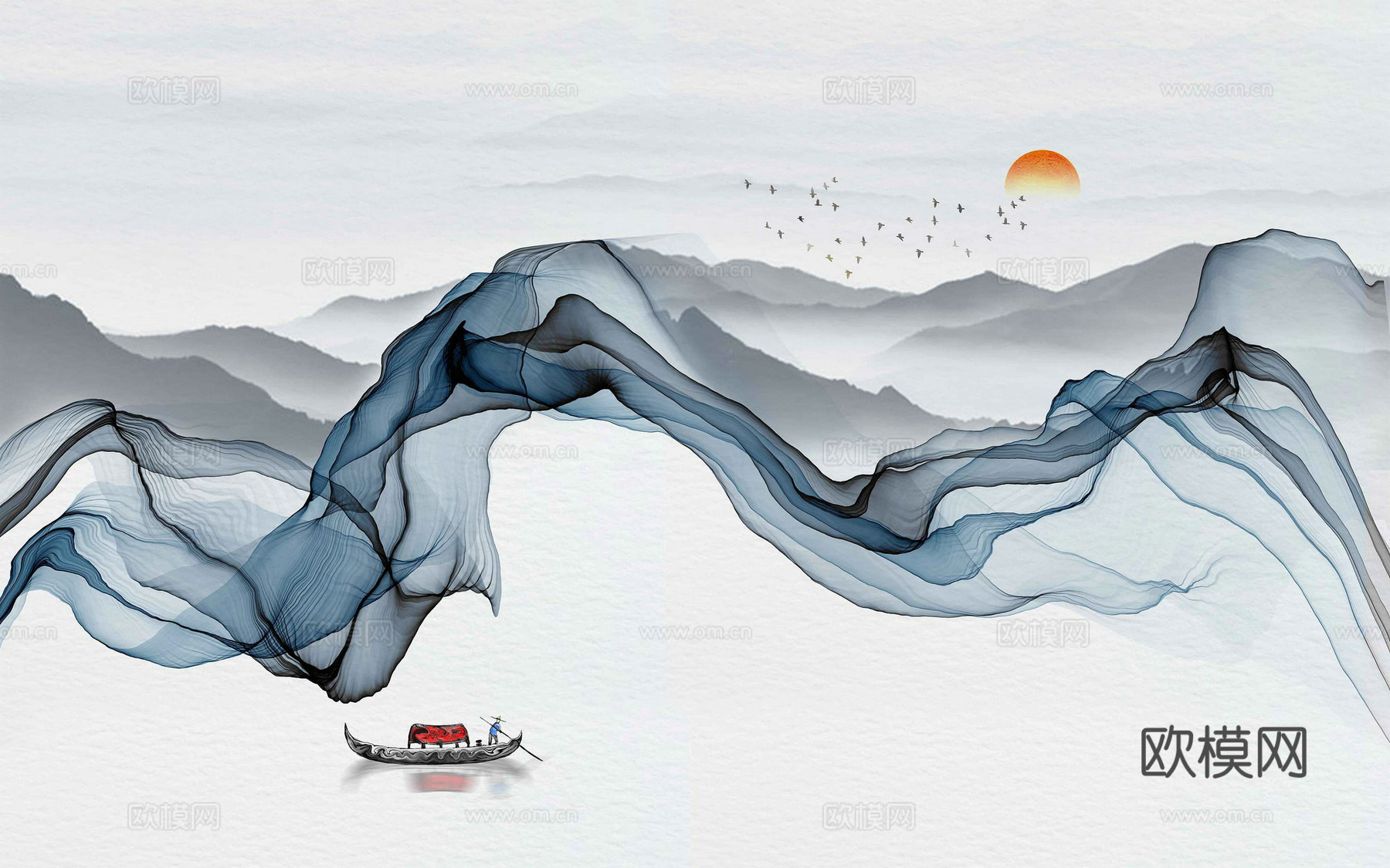 中式新中式抽象建筑壁纸壁画装饰画