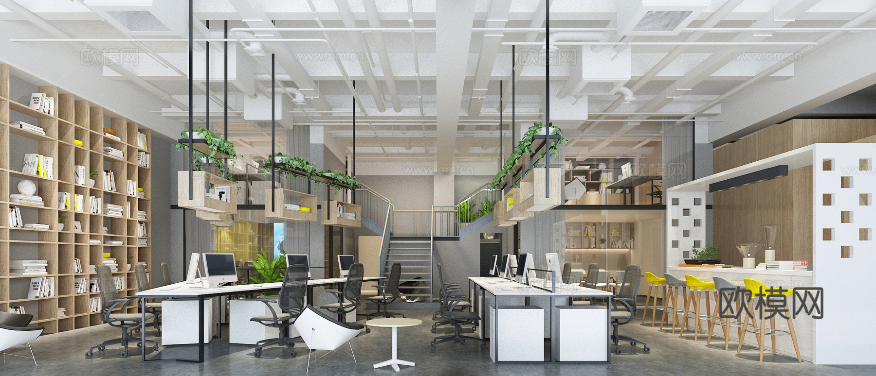 现代公共办公区 吊灯 绿植 书柜 办公桌椅 楼梯3d模型下载
